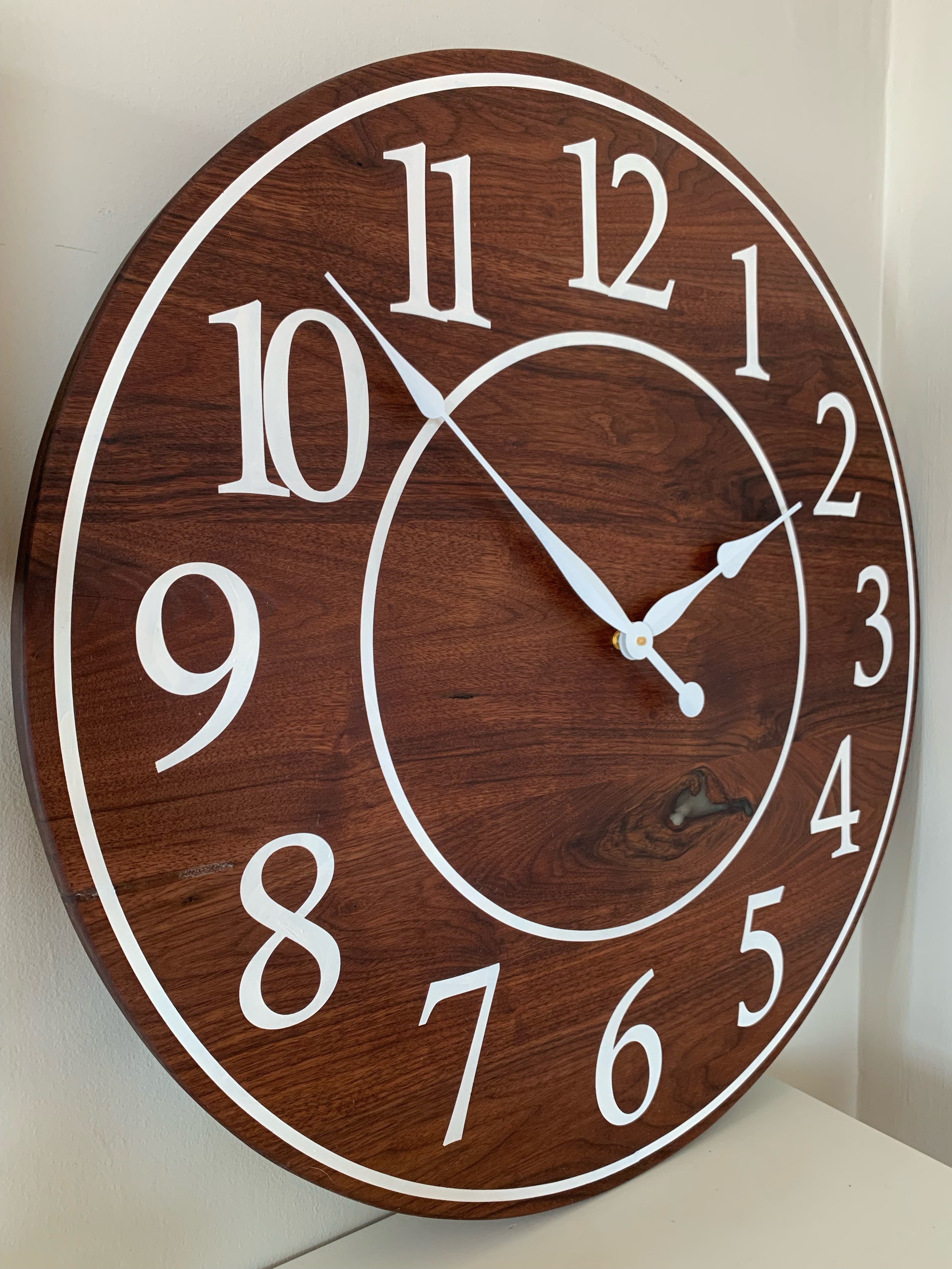 Solid Clear Walnut 30" Wall Clock with White Lines and Numbers (in stock) - Hazel Oak Farms