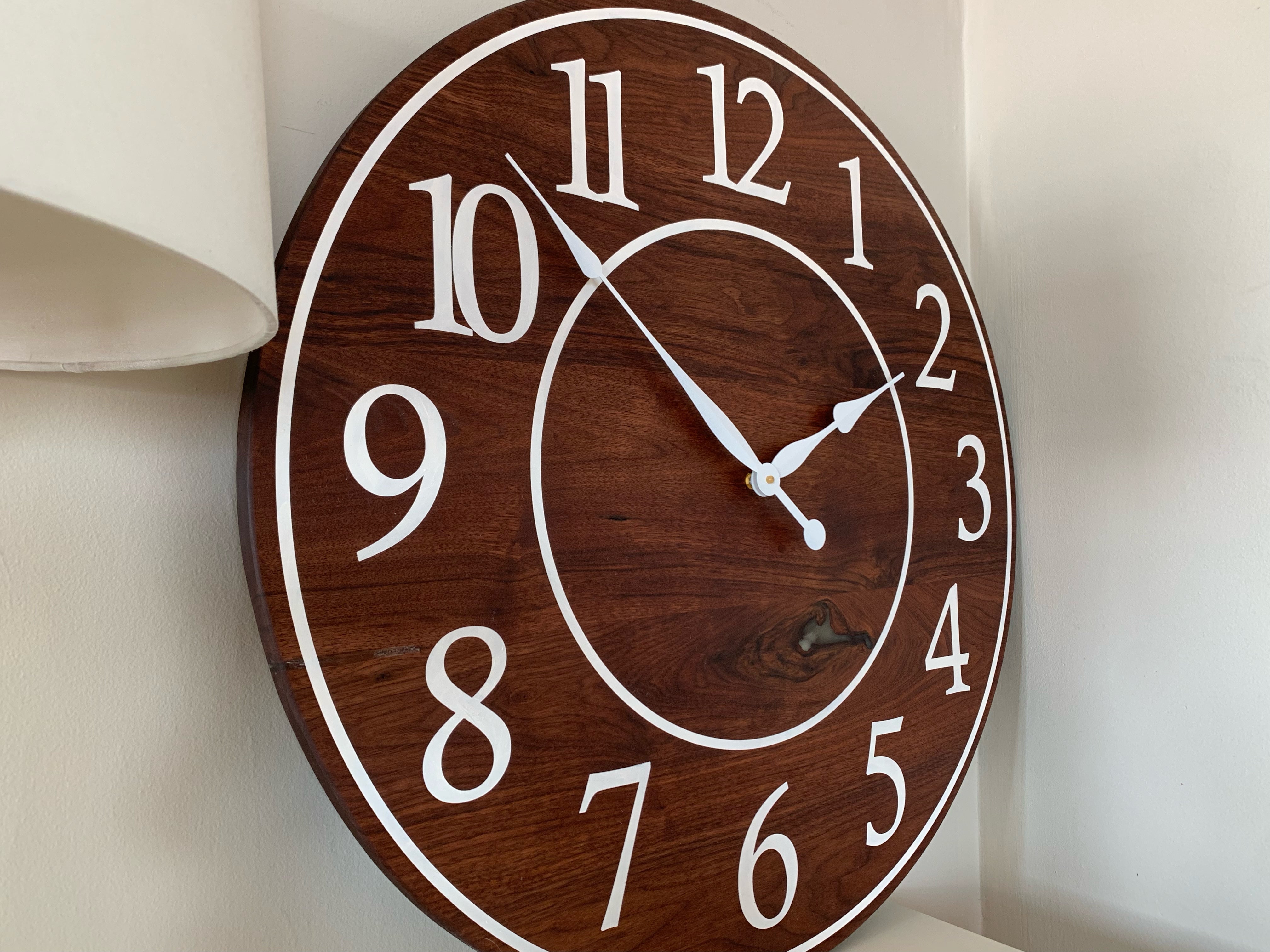 Solid Clear Walnut 30" Wall Clock with White Lines and Numbers (in stock) - Hazel Oak Farms