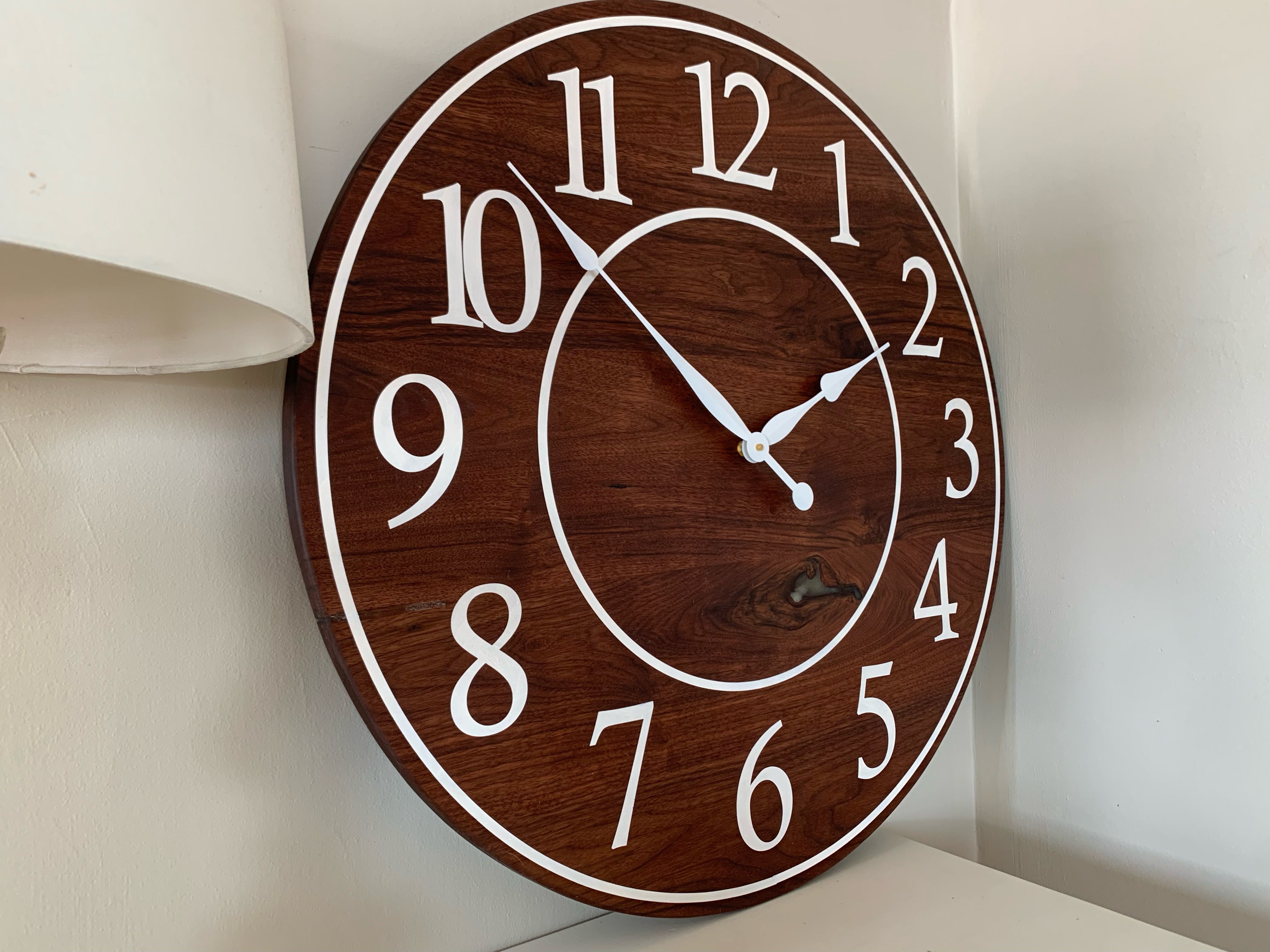 Solid Clear Walnut 30" Wall Clock with White Lines and Numbers (in stock) - Hazel Oak Farms