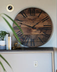 Dark Stained Large Farmhouse Wall Clock with Black Roman Numerals Handmade Furniture in Iowa, USA