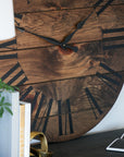 Dark Stained Large Farmhouse Wall Clock with Black Roman Numerals Handmade Furniture in Iowa, USA