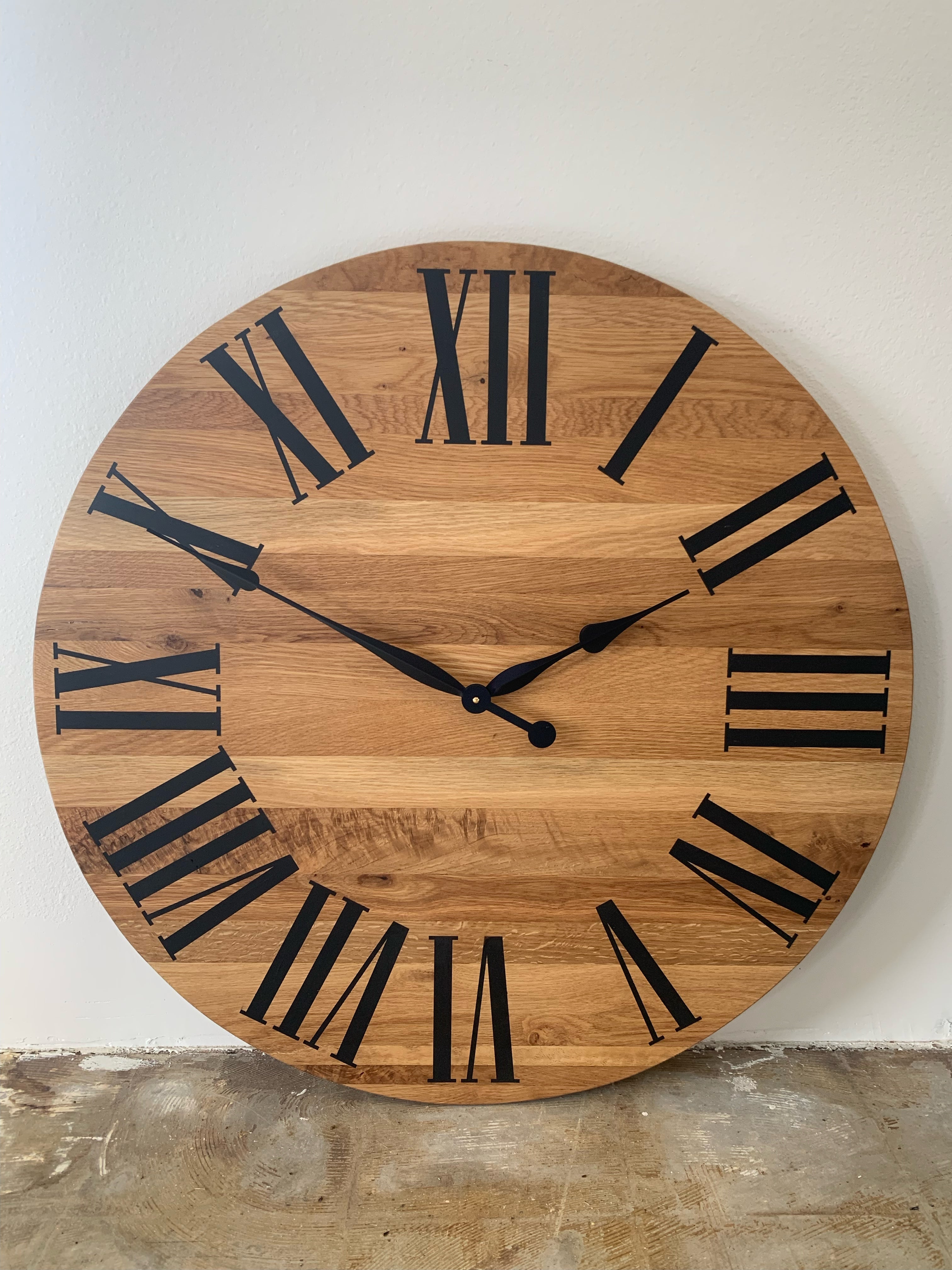 Large White Oak Wall Clock with Black Roman Numerals - Hazel Oak Farms