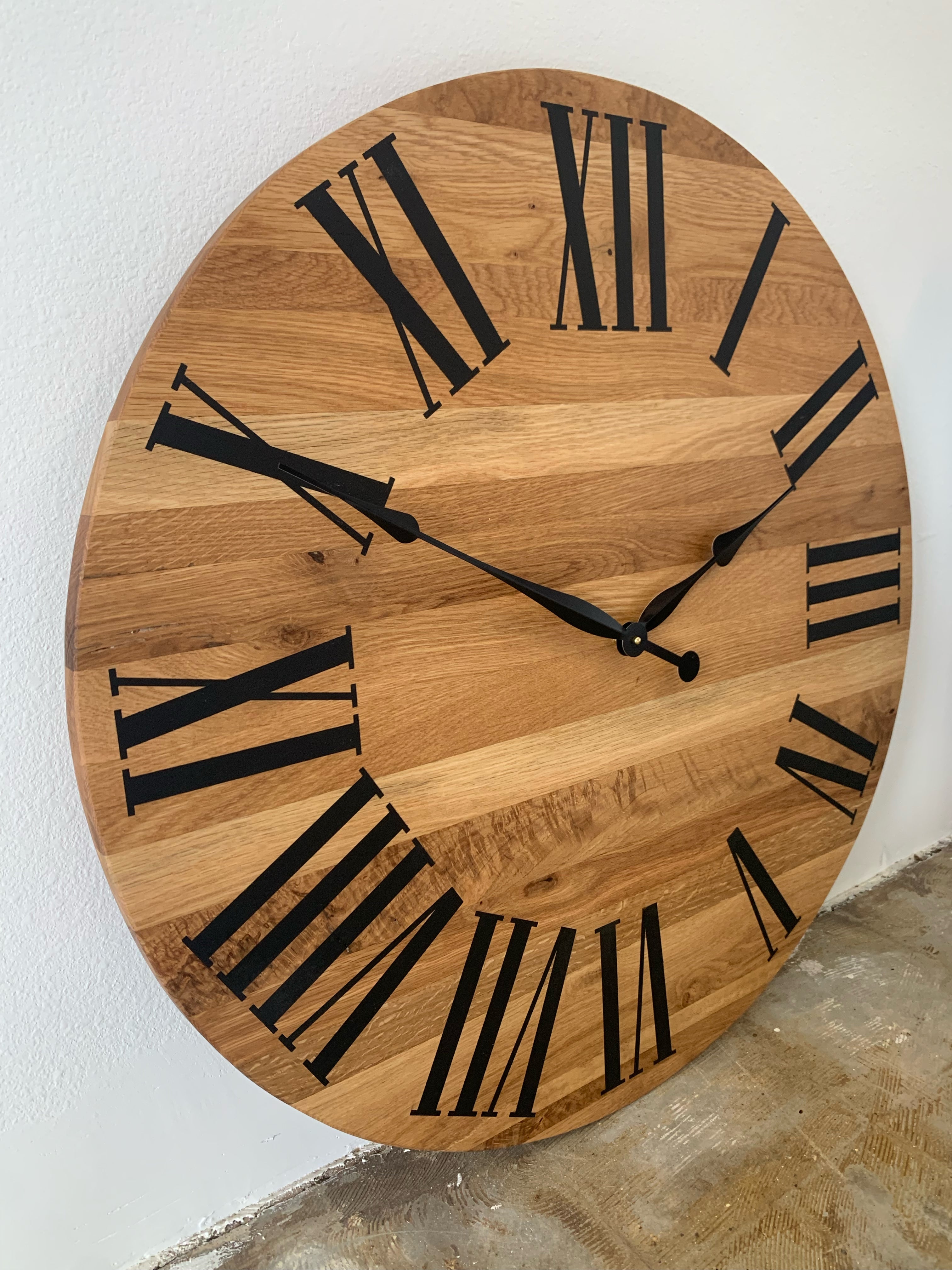 Large White Oak Wall Clock with Black Roman Numerals - Hazel Oak Farms