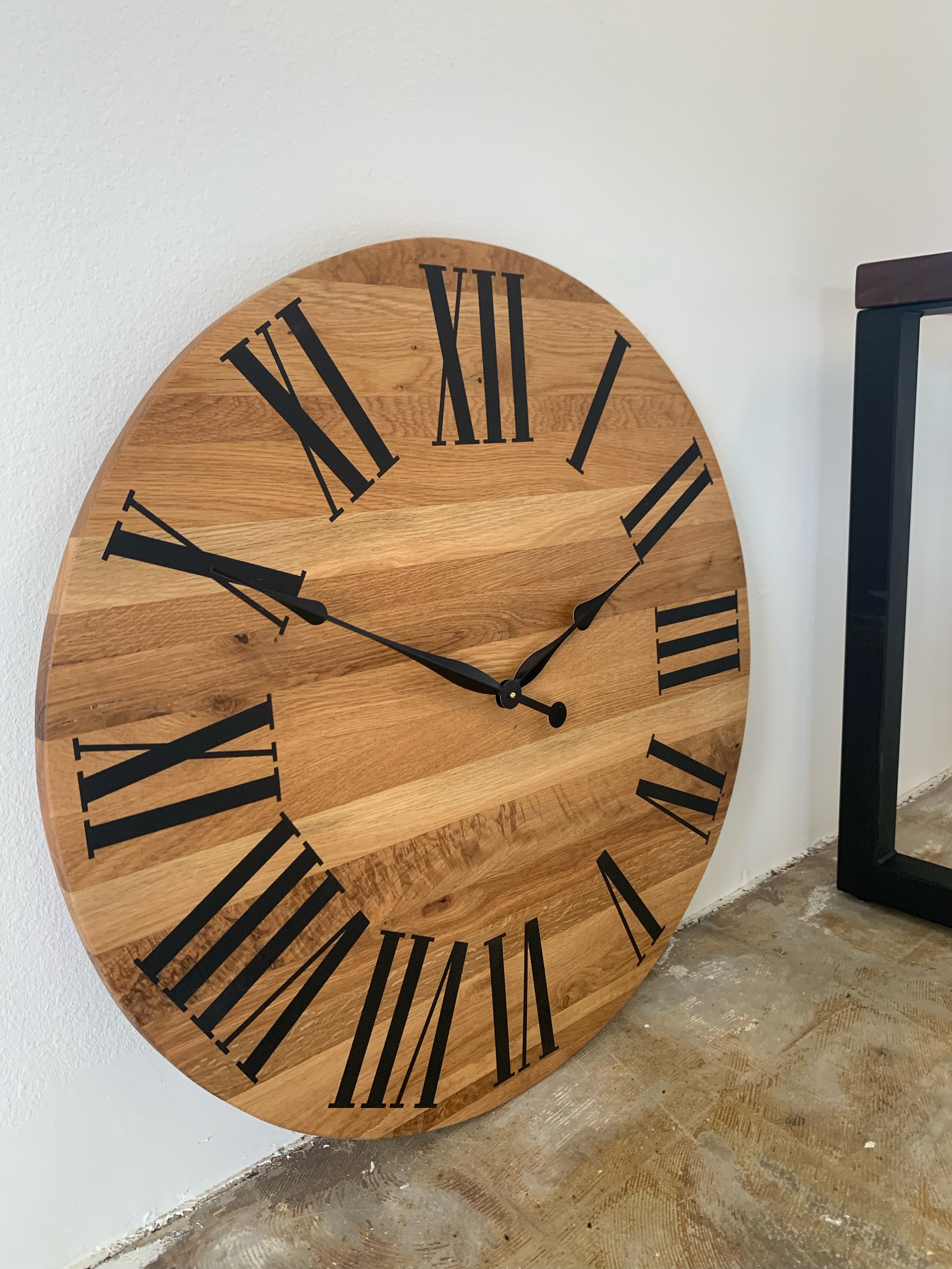 Large White Oak Wall Clock with Black Roman Numerals - Hazel Oak Farms