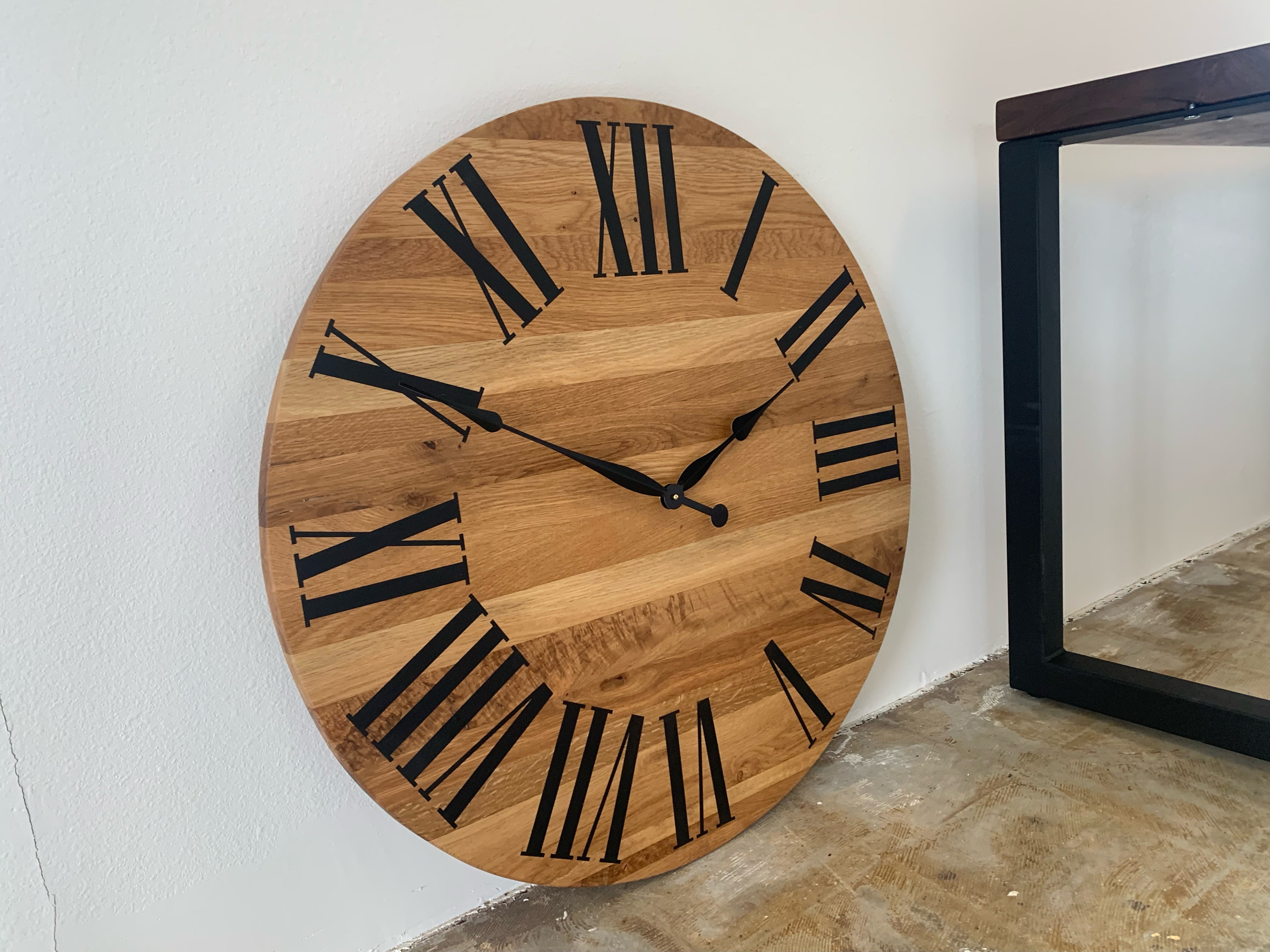 Large White Oak Wall Clock with Black Roman Numerals - Hazel Oak Farms
