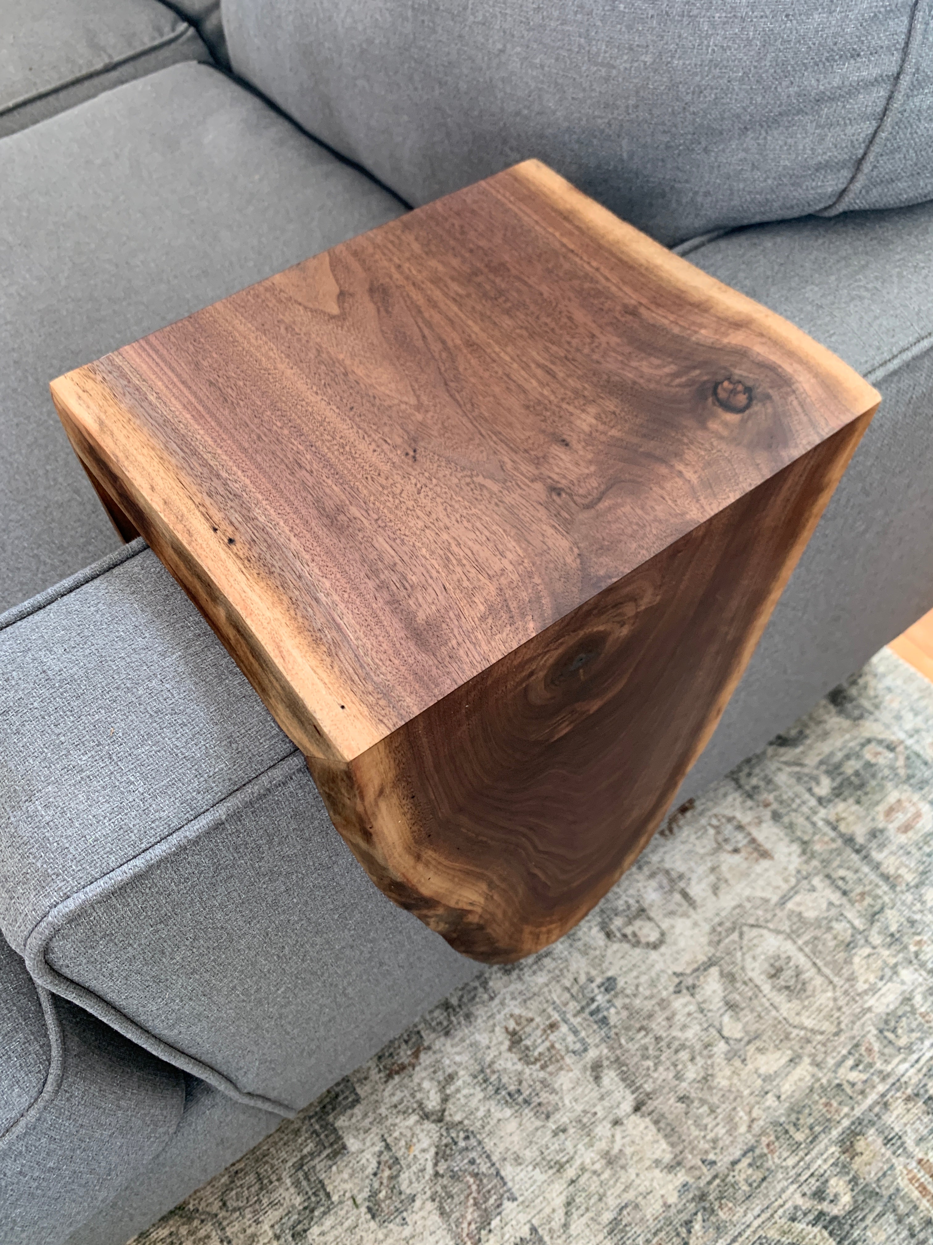 Extra Long Round Armrest Walnut Waterfall Sofa Table - To the Floor