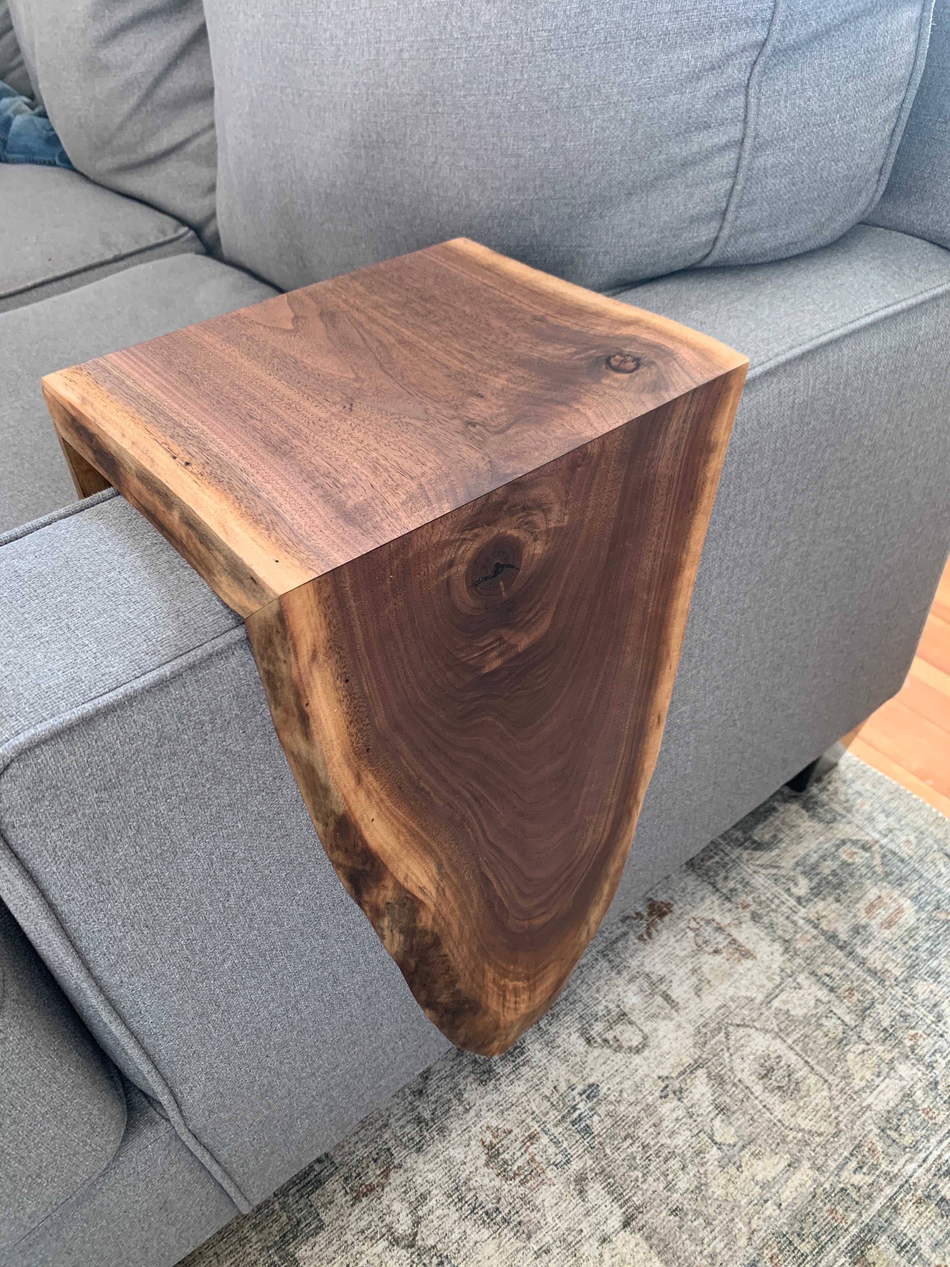 Extra Long Round Armrest Walnut Waterfall Sofa Table - To the Floor Handmade Furniture in Iowa, USA