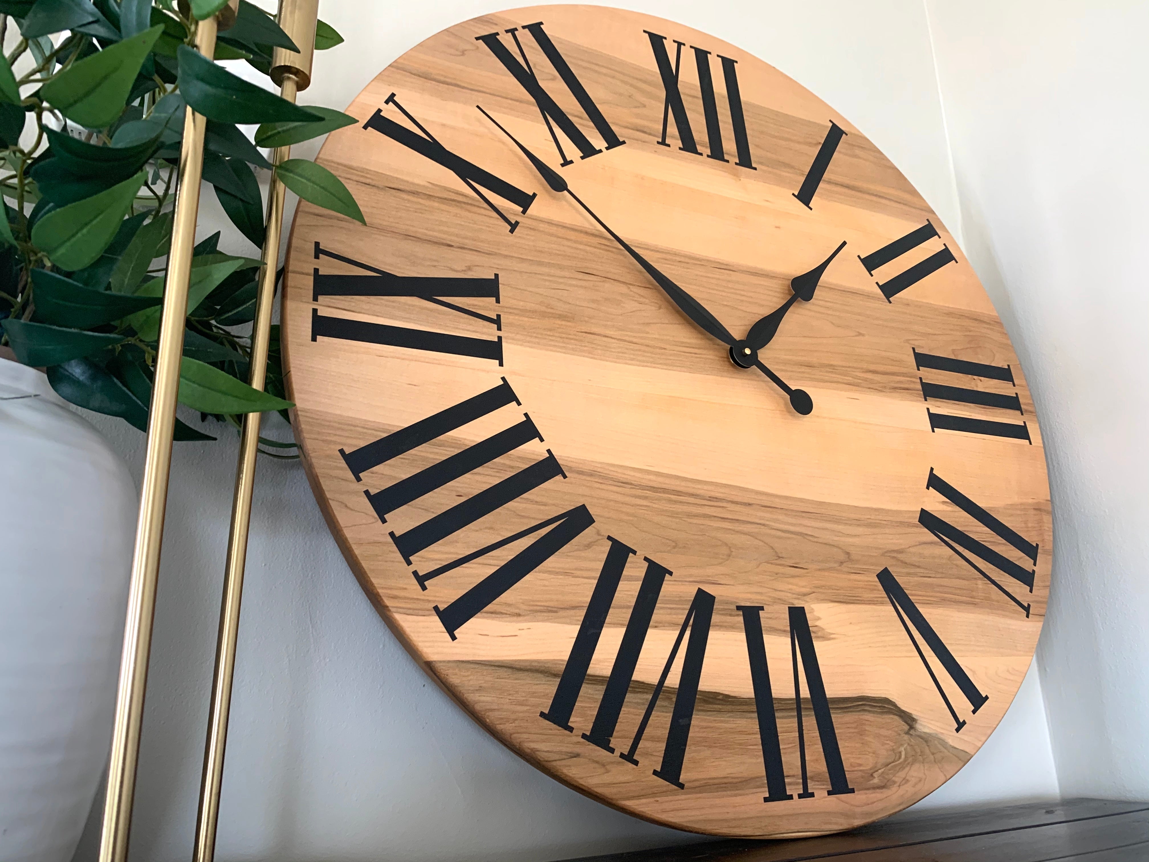 Large Solid Rustic Maple Hardwood Farmhouse Wall Clock with Black Roman Numerals