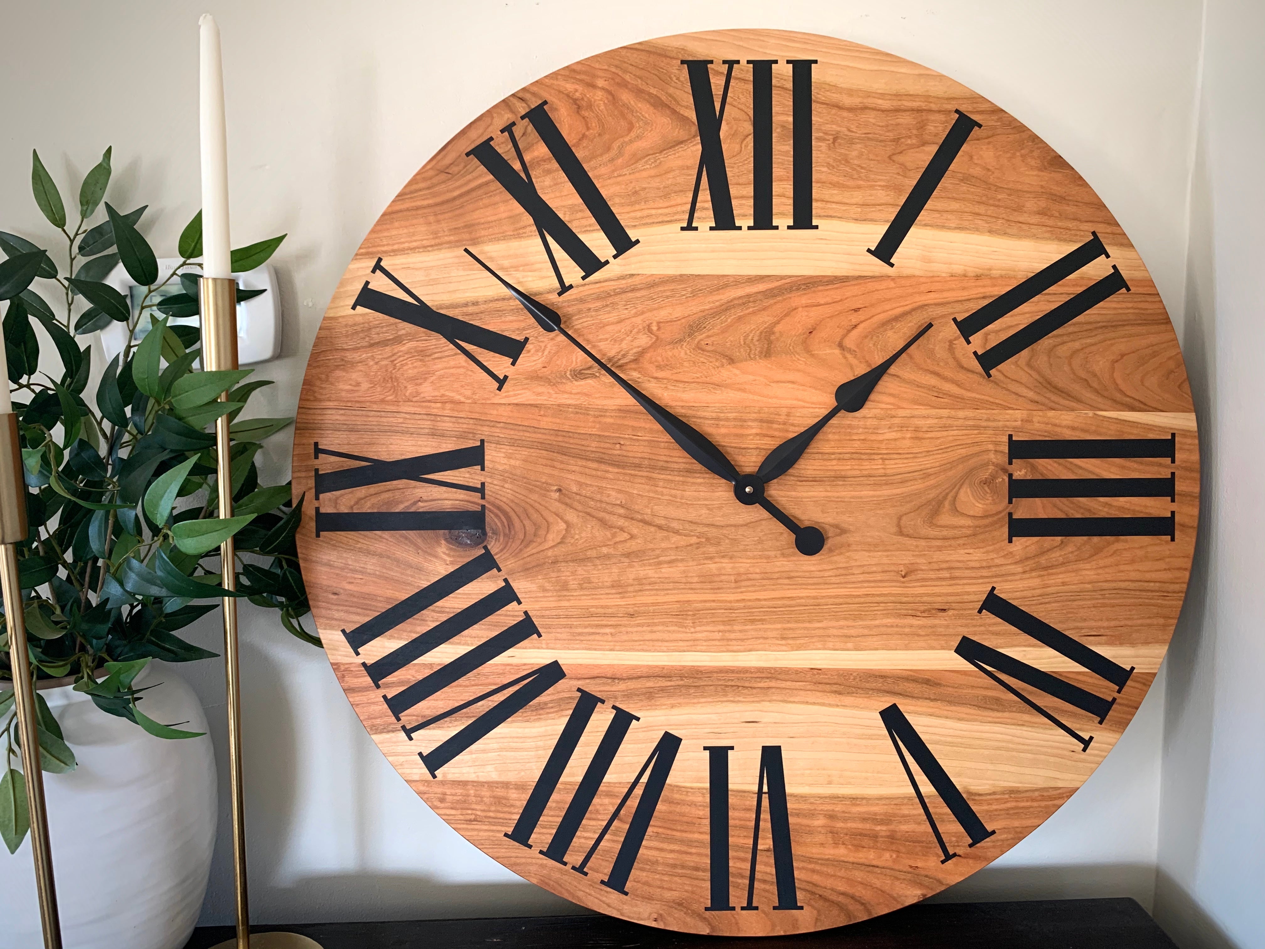 Large Sappy Cherry Hardwood Wall Clock with Black Roman Numerals