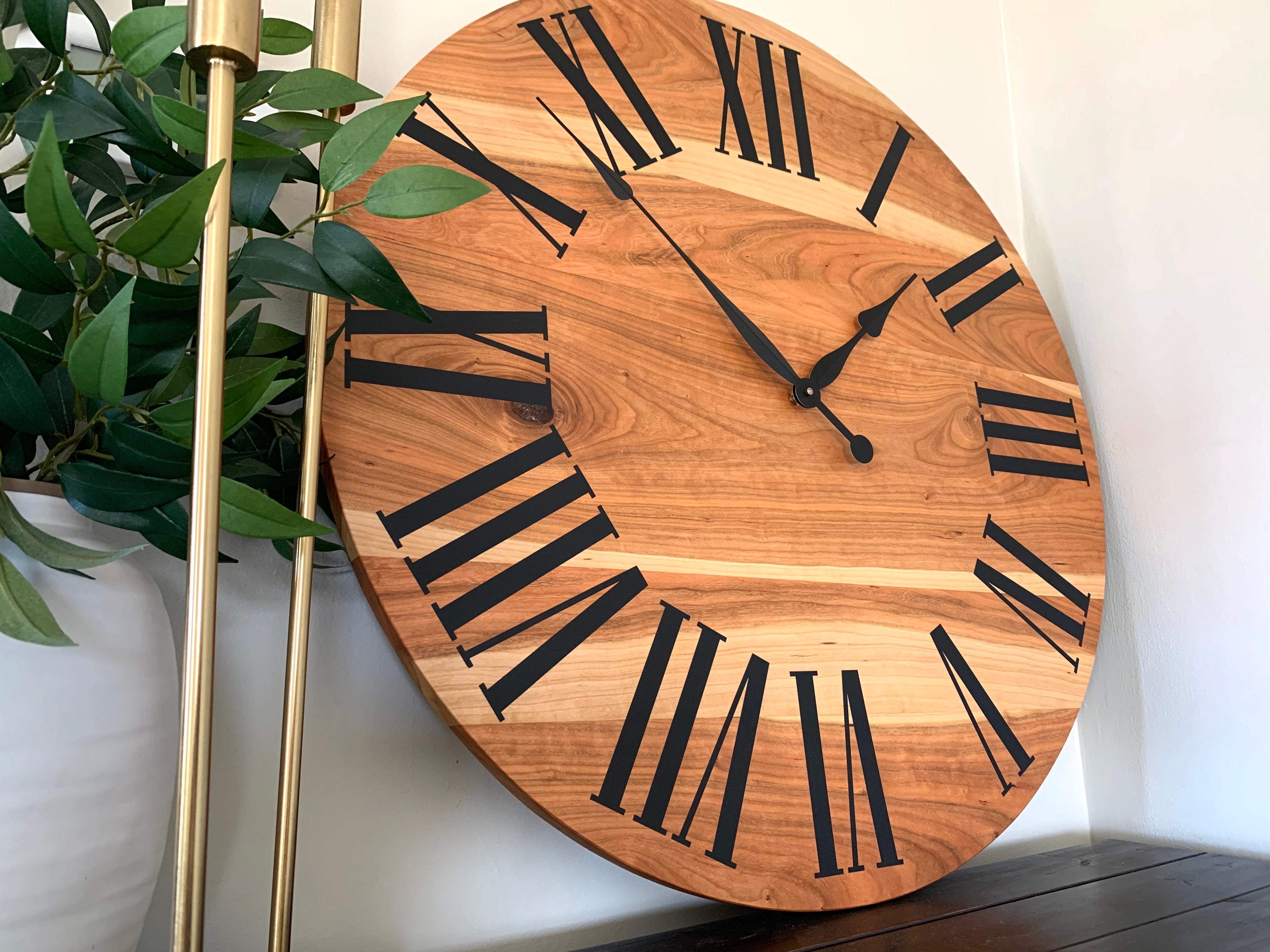 Large Sappy Cherry Hardwood Wall Clock with Black Roman Numerals