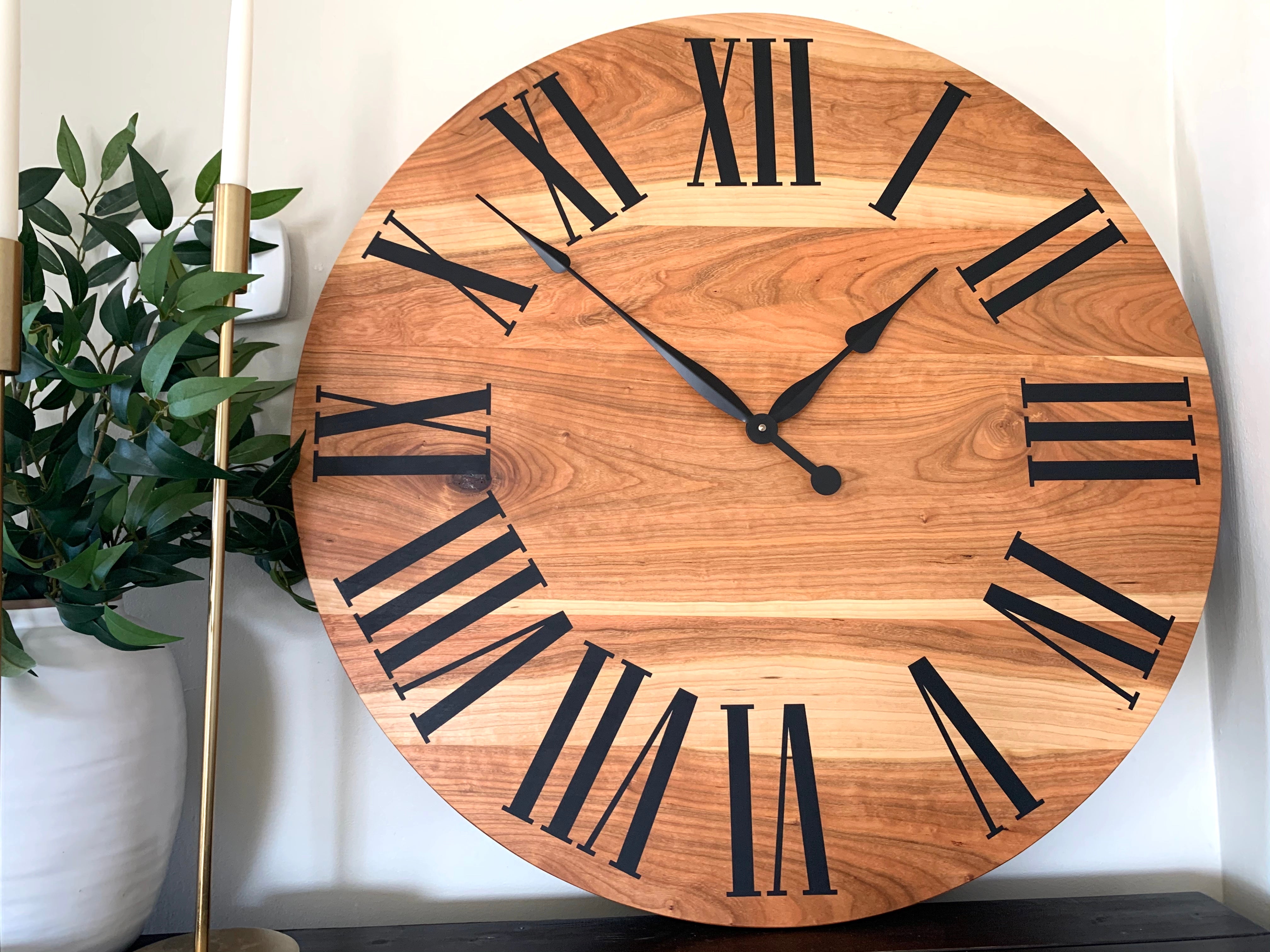 Large Sappy Cherry Hardwood Wall Clock with Black Roman Numerals