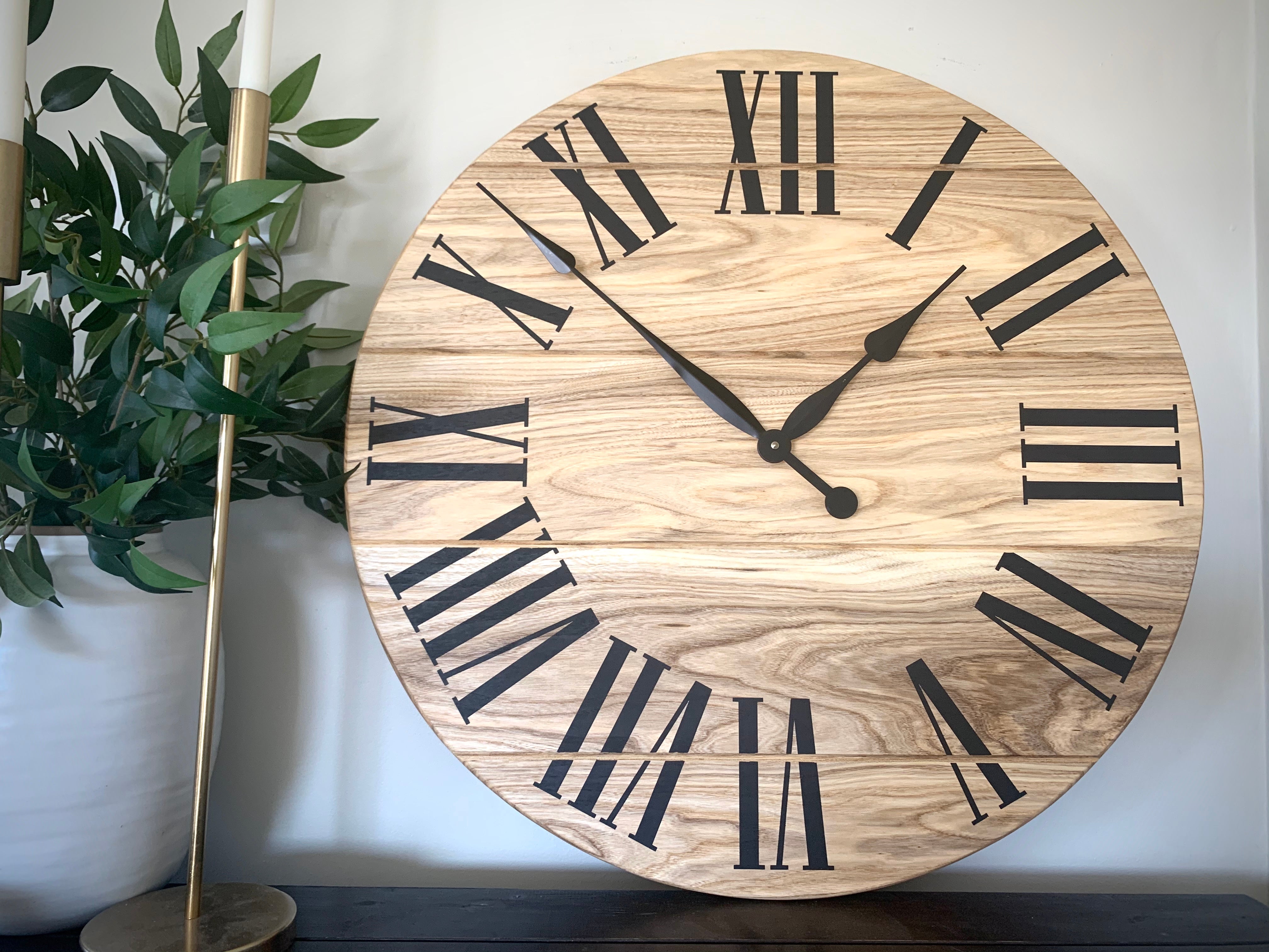 Large Solid Wood Hackberry Wall Clock with Black Roman Numerals - Hazel Oak Farms