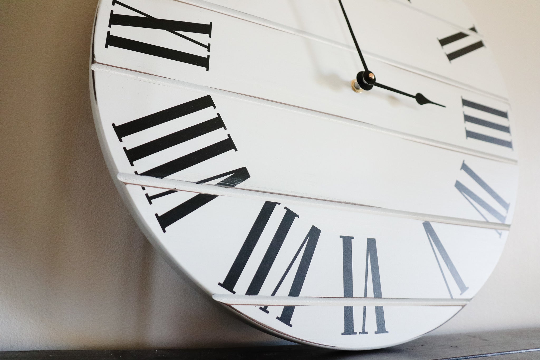 Simple White Lightly Distressed Large Wall Clock with Black Roman Numerals