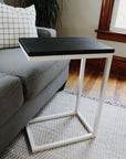 Charcoal Black Ash Industrial Side C Table with White Metal Base Handmade Furniture in Iowa, USA