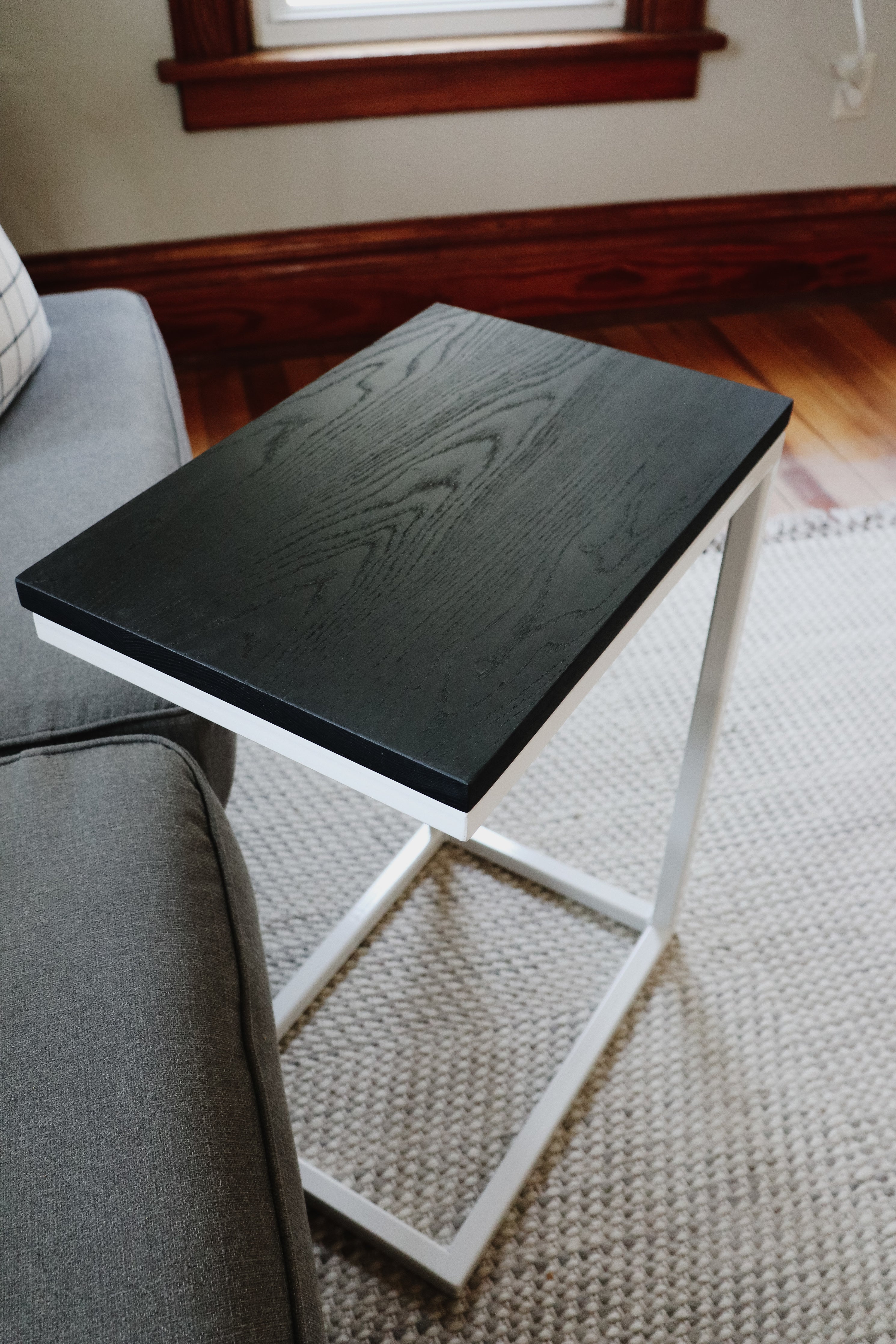 Charcoal Black Ash Industrial Side C Table with White Metal Base Handmade Furniture in Iowa, USA