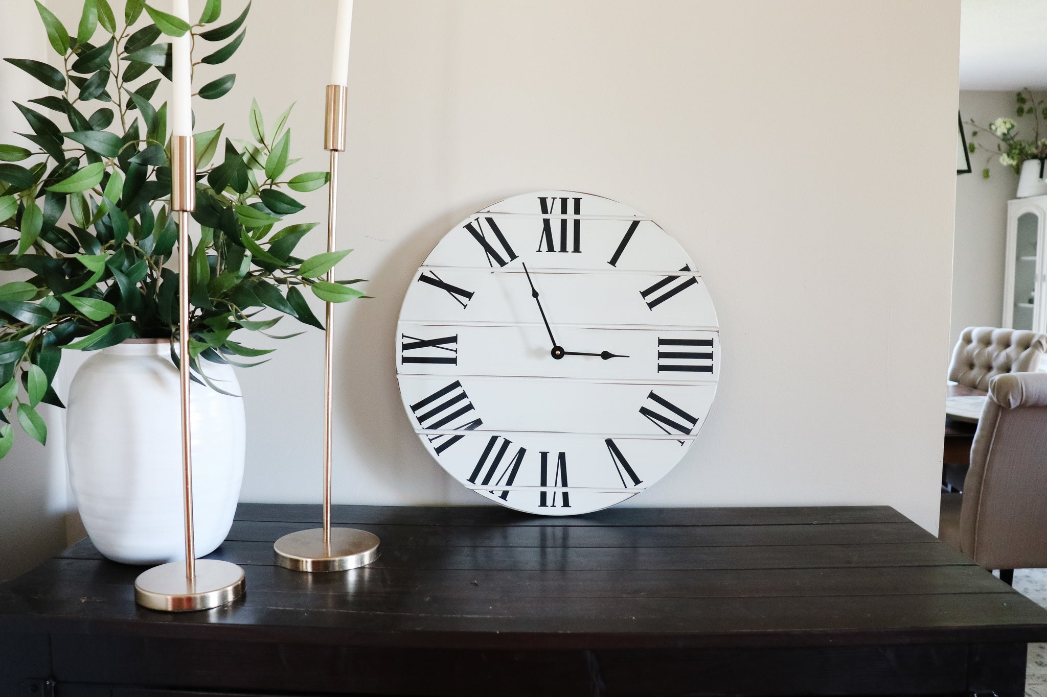 Simple White Lightly Distressed Large Wall Clock with Black Roman Numerals