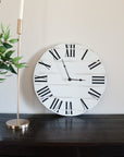Simple White Lightly Distressed Large Wall Clock with Black Roman Numerals
