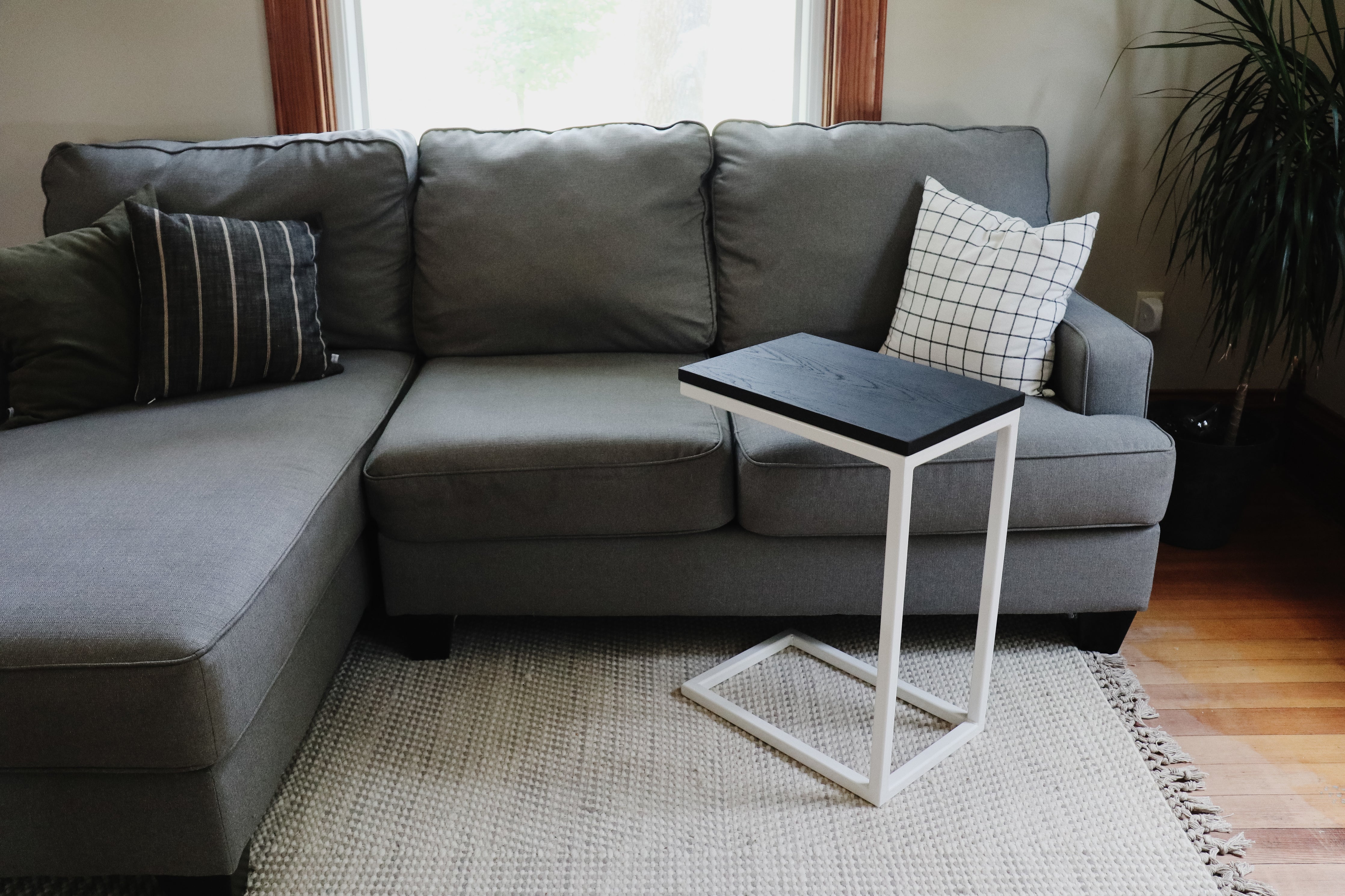 Charcoal Black Ash Industrial Side C Table with White Metal Base Handmade Furniture in Iowa, USA