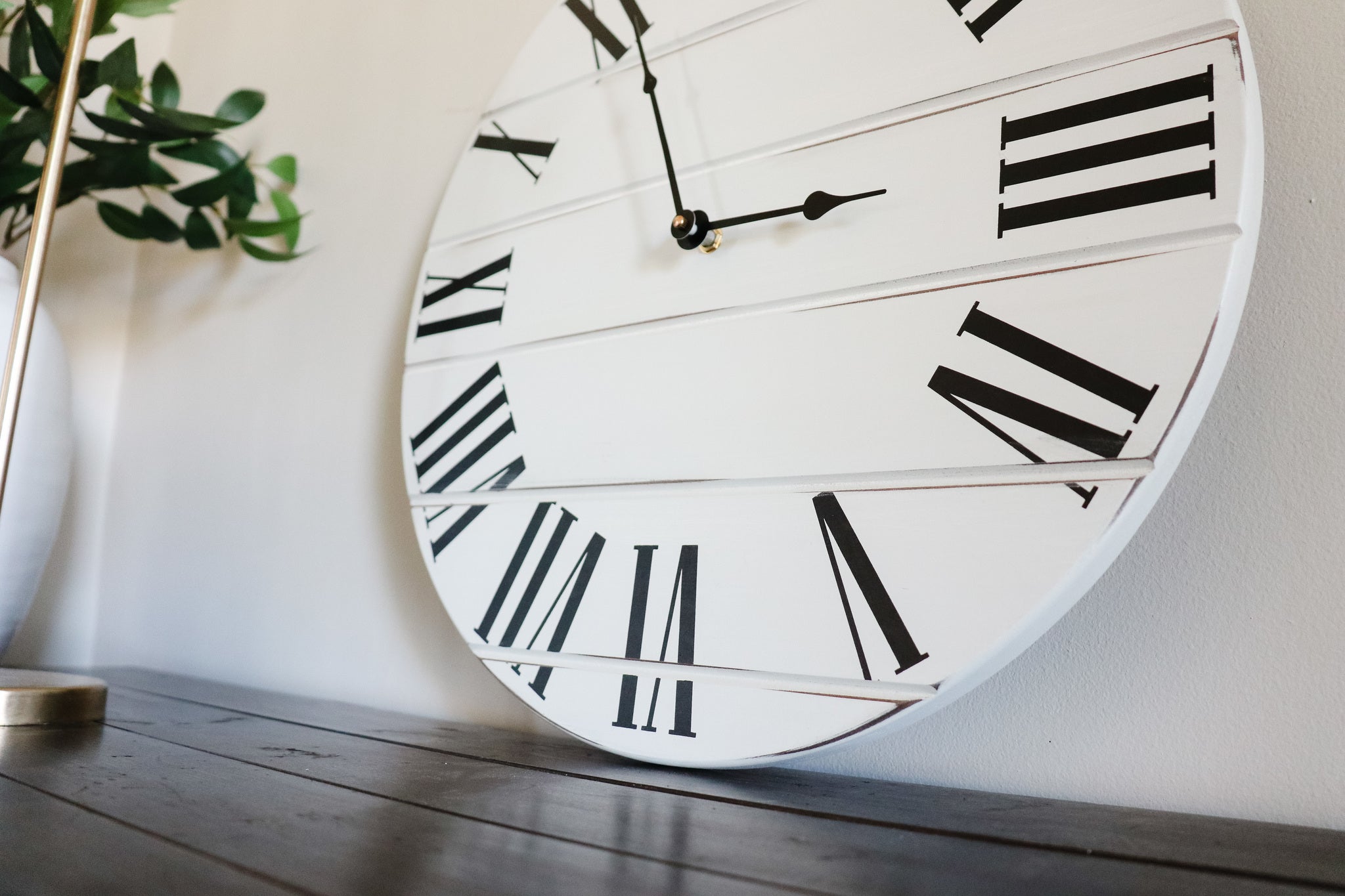 Simple White Lightly Distressed Large Wall Clock with Black Roman Numerals