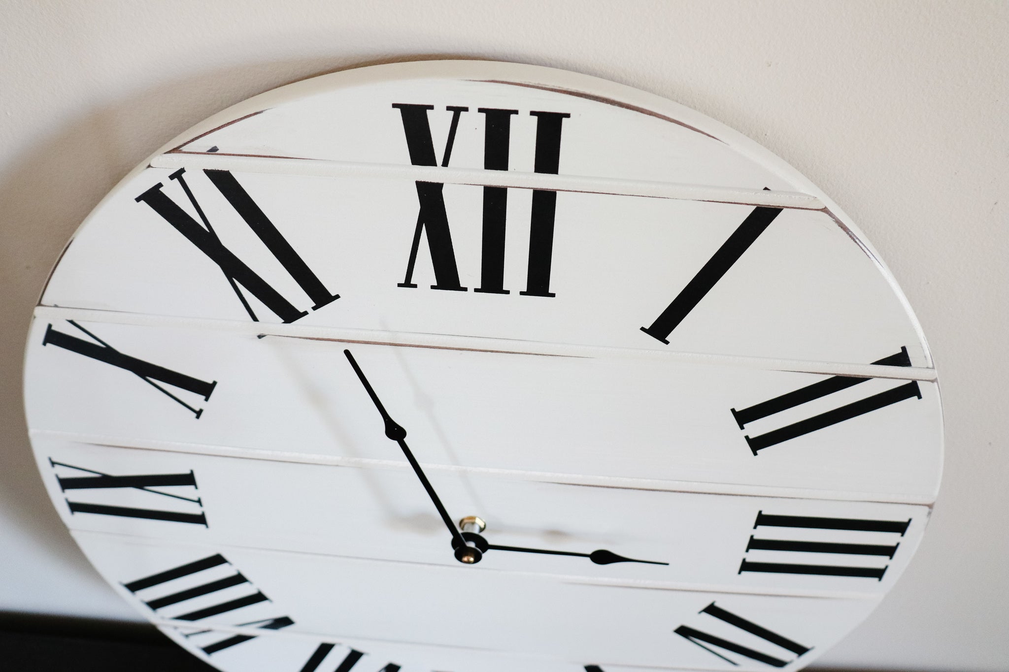 Simple White Lightly Distressed Large Wall Clock with Black Roman Numerals