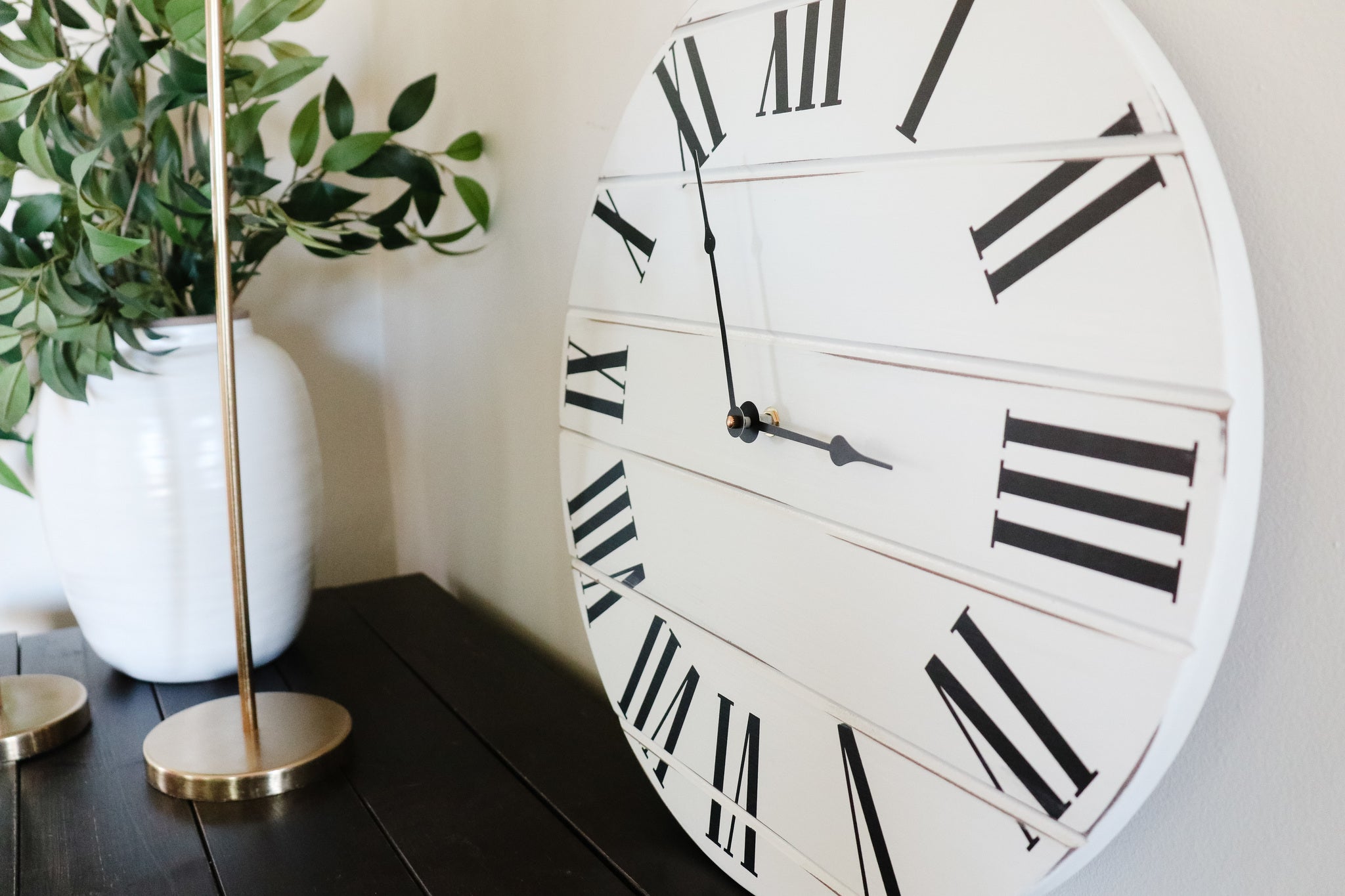 Simple White Lightly Distressed Large Wall Clock with Black Roman Numerals