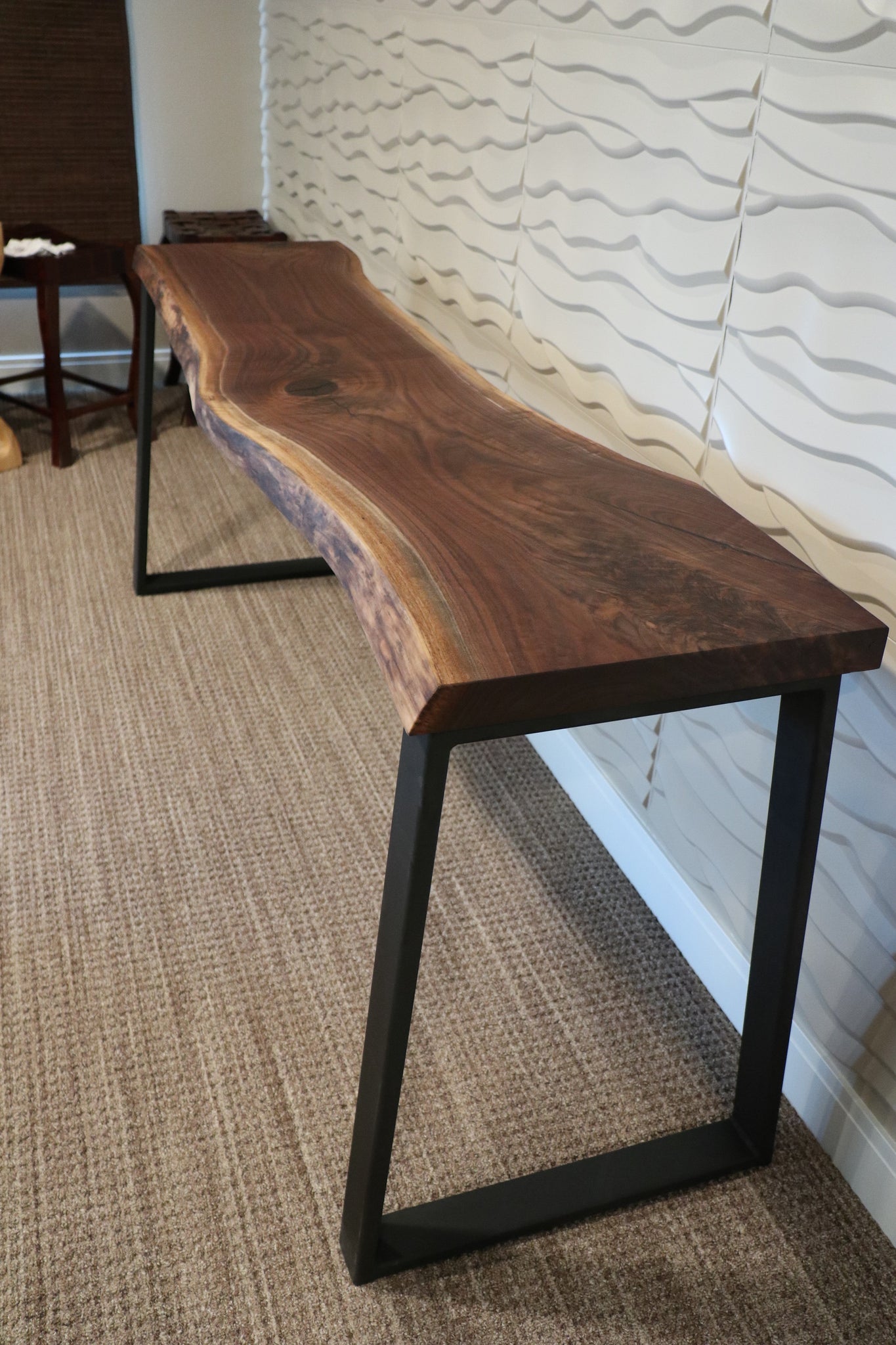 Narrow Live Edge Walnut Bar Table with Metal Base