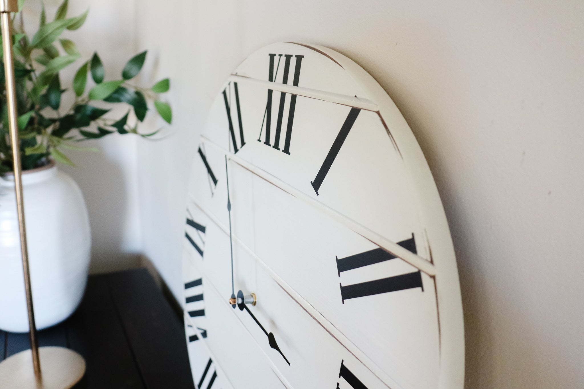 Simple White Lightly Distressed Large Wall Clock with Black Roman Numerals