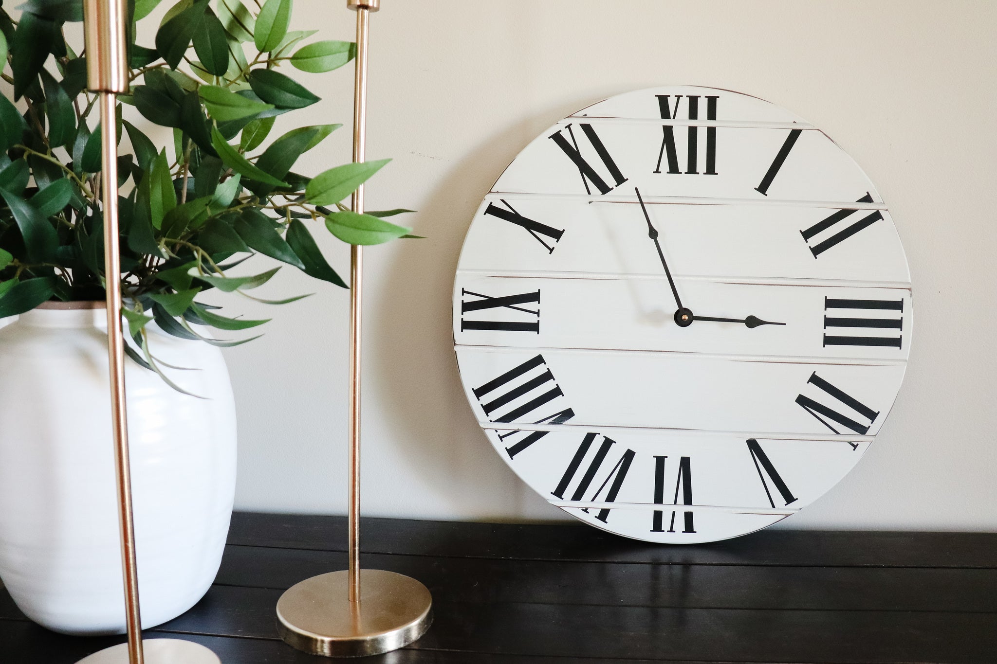 Simple White Lightly Distressed Large Wall Clock with Black Roman Numerals