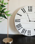 Simple White Lightly Distressed Large Wall Clock with Black Roman Numerals