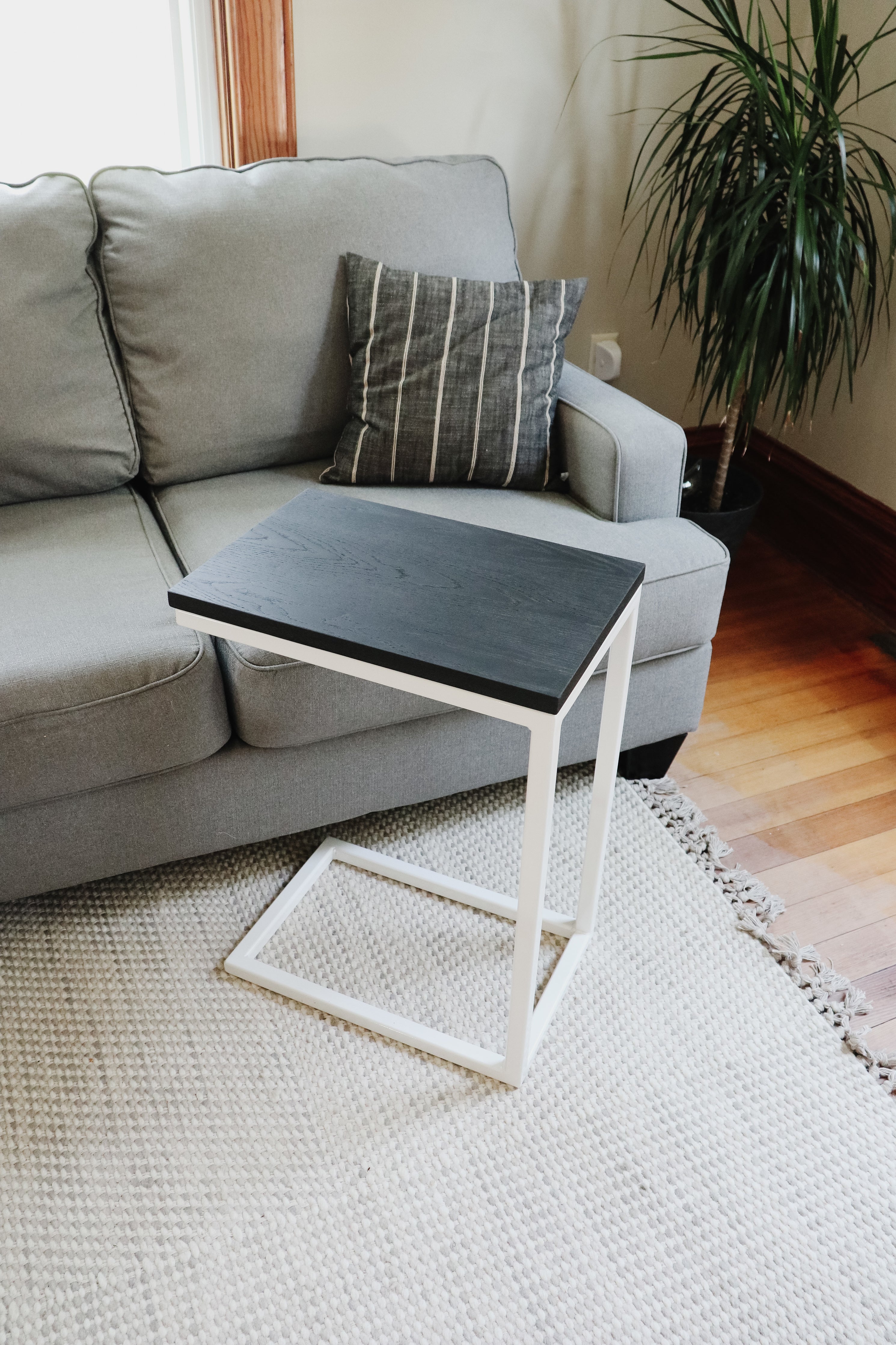 Charcoal Black Ash Industrial Side C Table with White Metal Base Handmade Furniture in Iowa, USA