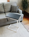 Charcoal Black Ash Industrial Side C Table with White Metal Base Handmade Furniture in Iowa, USA