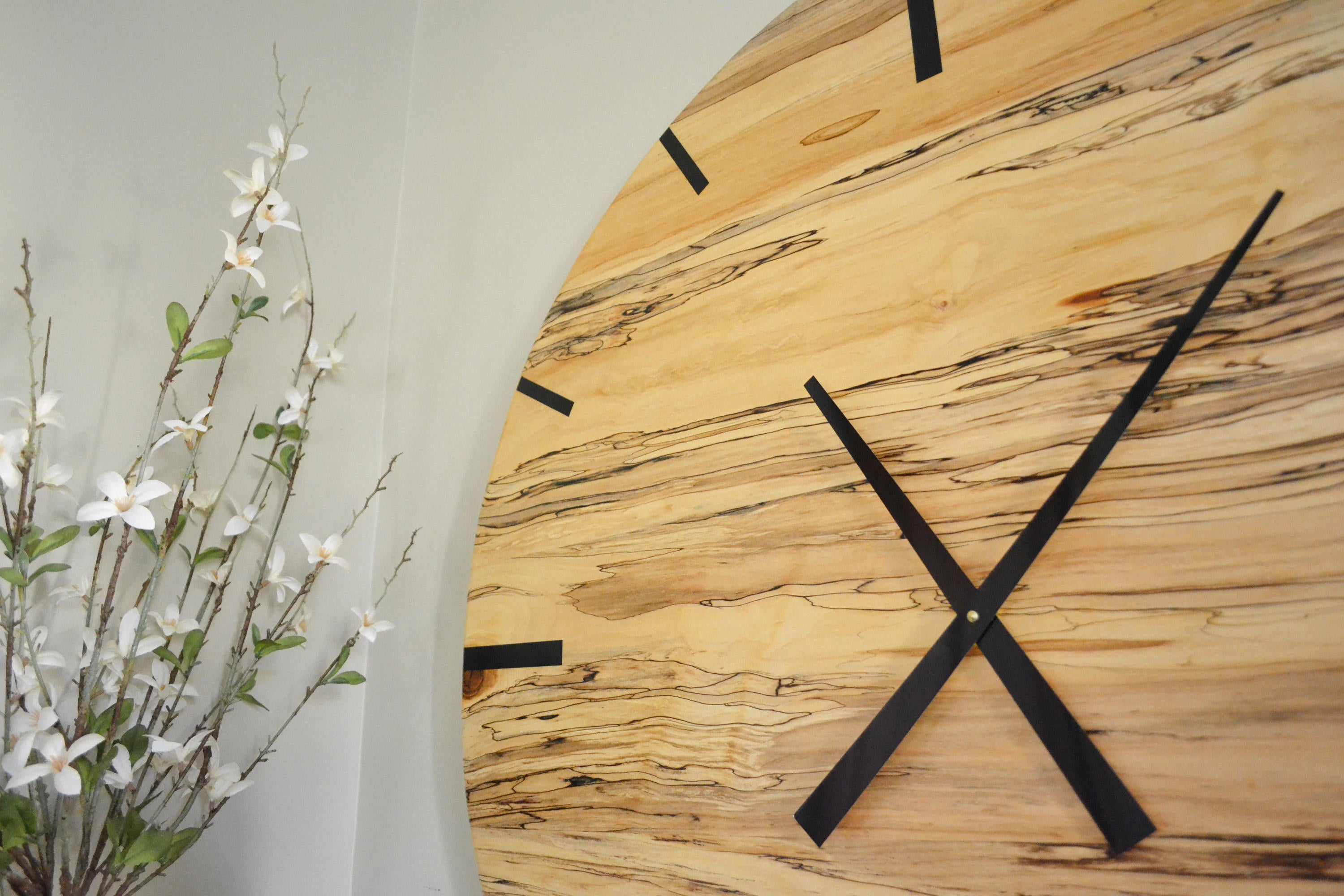 Mid Century Modern Hardwood Spalted Maple Wall Clock with Black Number Lines