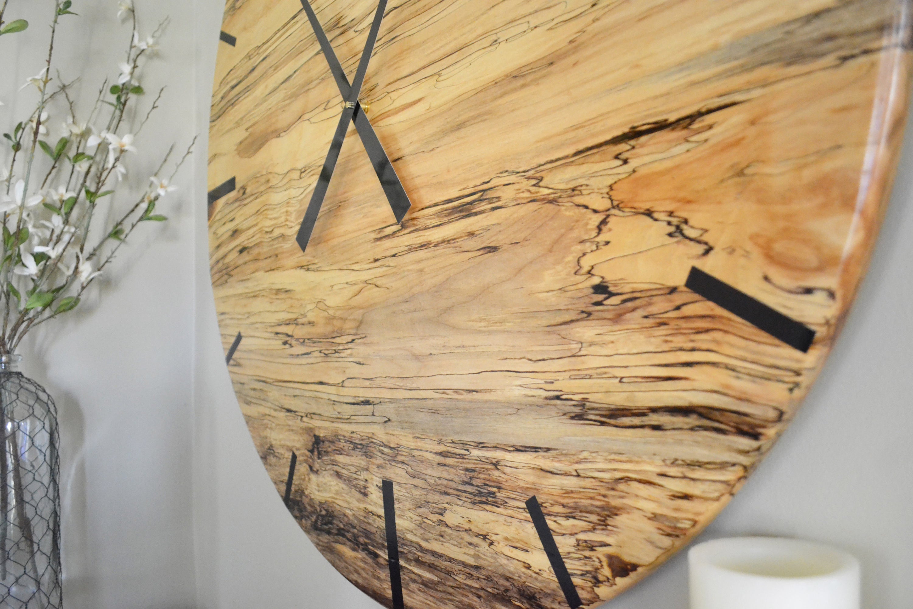 Mid Century Modern Hardwood Spalted Maple Wall Clock with Black Number Lines