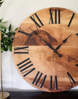 Large Solid Sycamore Hardwood Farmhouse Wall Clock with Black Roman Numerals