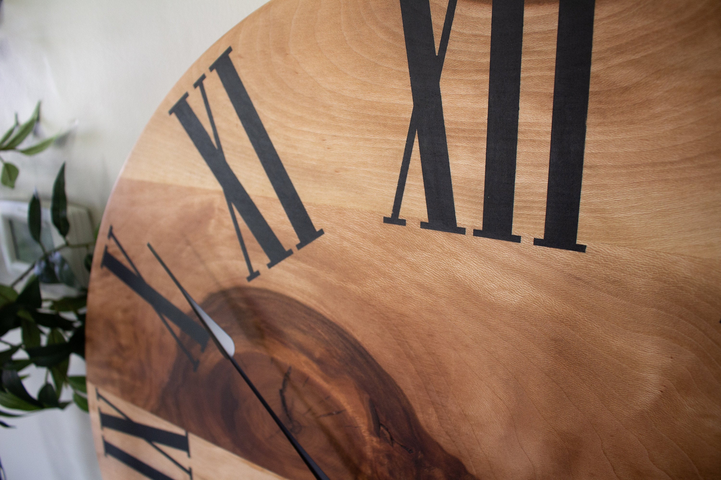 Large Solid Sycamore Hardwood Farmhouse Wall Clock with Black Roman Numerals