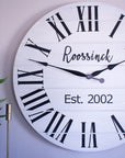 Personalized Modern Farmhouse White Shiplap Wooden Wall Clock with Black Roman Numerals