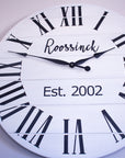 Personalized Modern Farmhouse White Shiplap Wooden Wall Clock with Black Roman Numerals