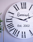 Personalized Modern Farmhouse White Shiplap Wooden Wall Clock with Black Roman Numerals