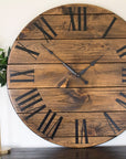 Dark Stained Large Farmhouse Wall Clock with Black Roman Numerals Handmade Furniture in Iowa, USA