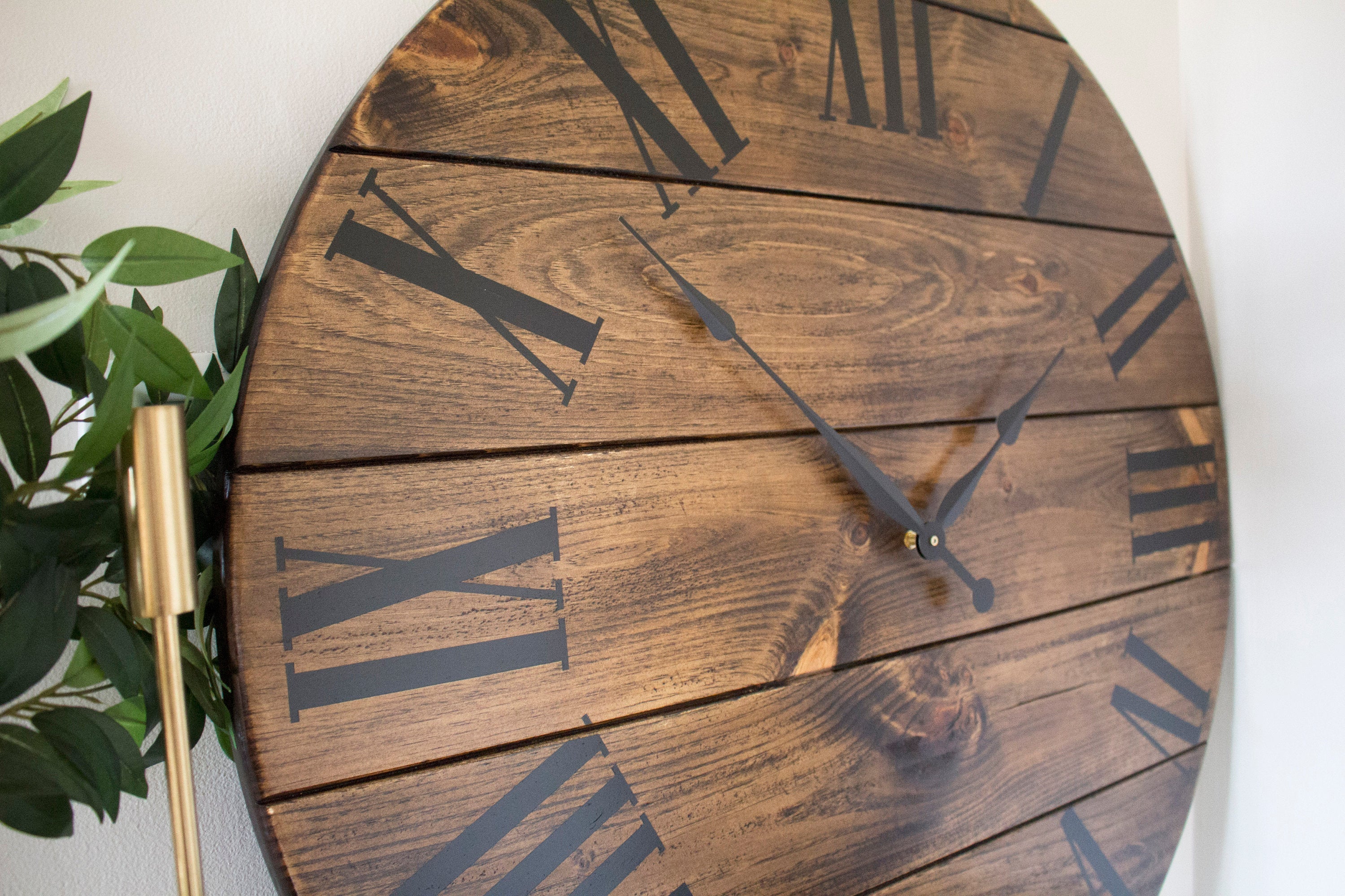 Dark Stained Large Farmhouse Wall Clock with Black Roman Numerals Handmade Furniture in Iowa, USA
