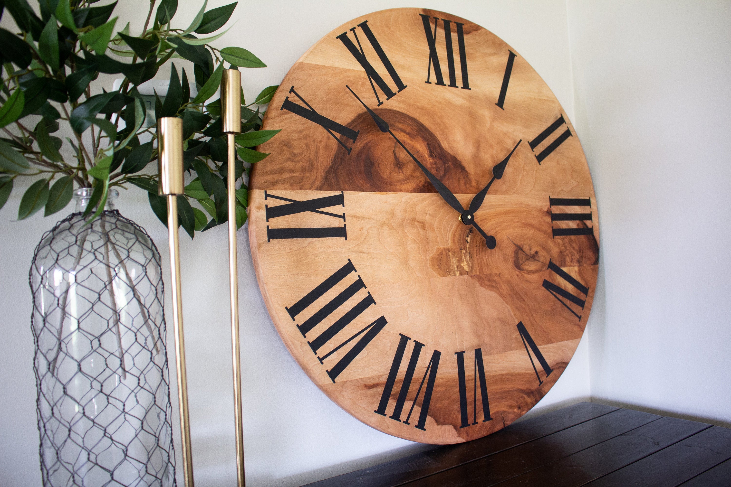 Large Solid Sycamore Hardwood Farmhouse Wall Clock with Black Roman Numerals