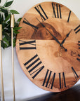 Large Solid Sycamore Hardwood Farmhouse Wall Clock with Black Roman Numerals