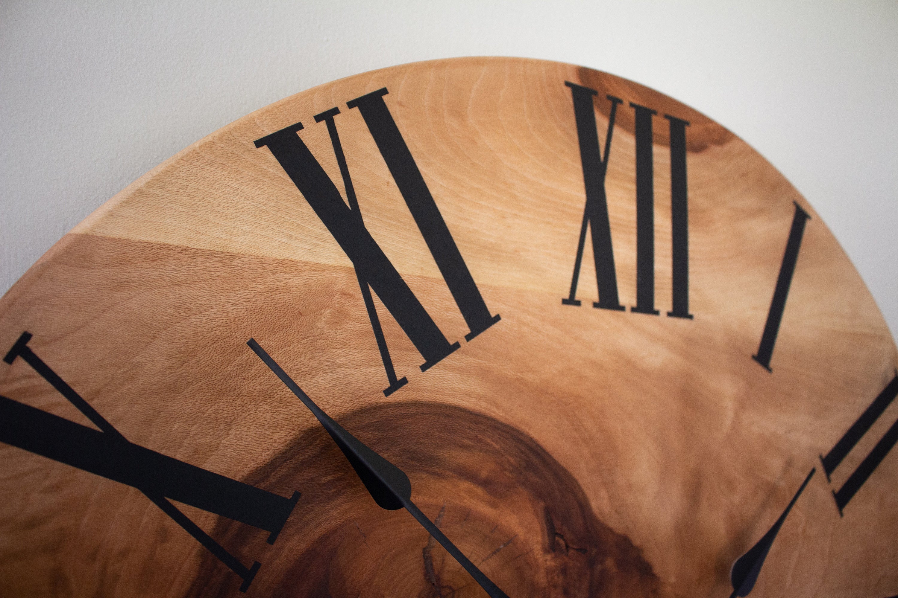 Large Solid Sycamore Hardwood Farmhouse Wall Clock with Black Roman Numerals