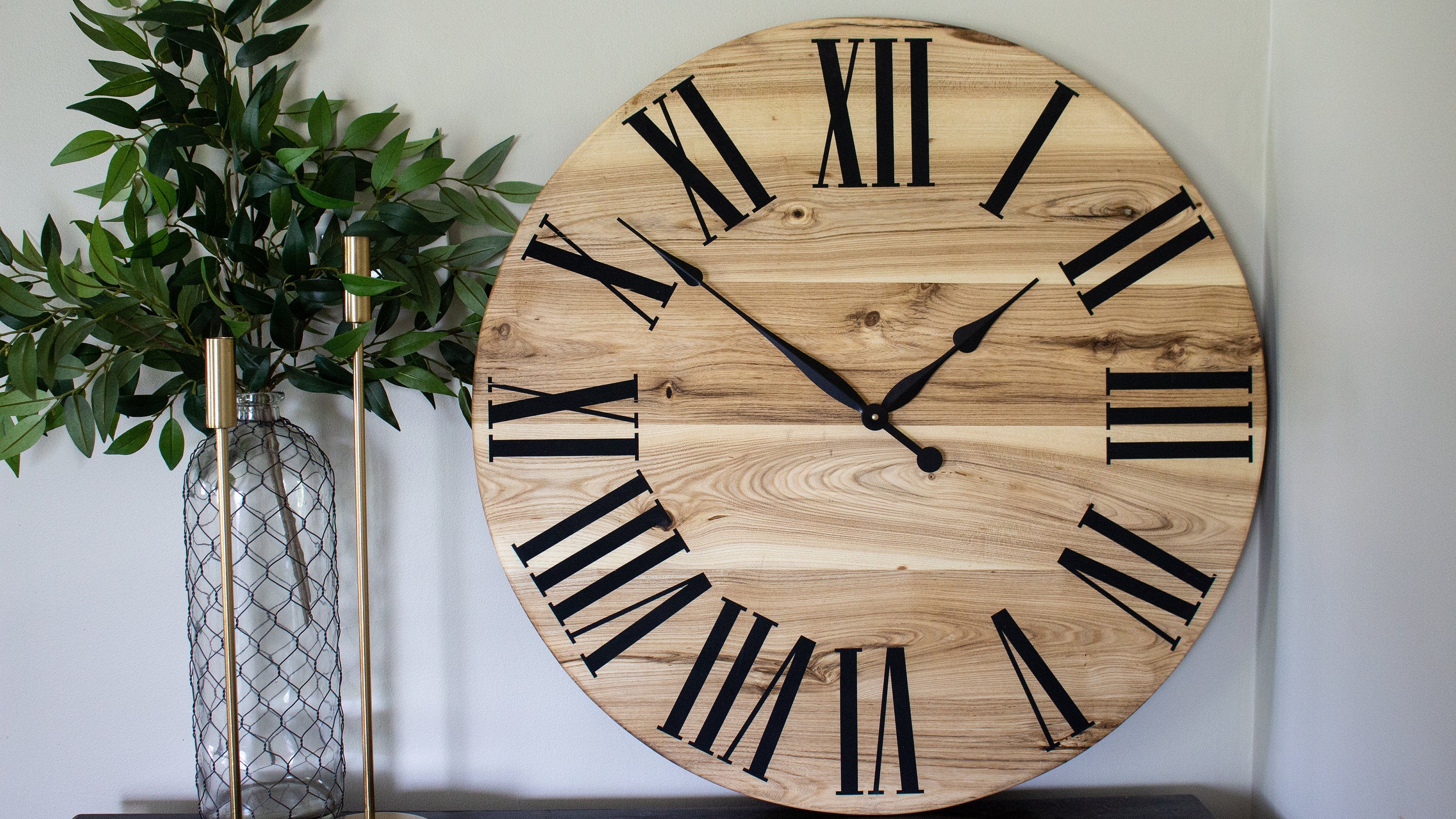 Large Solid Wood Hackberry Wall Clock with Black Roman Numerals