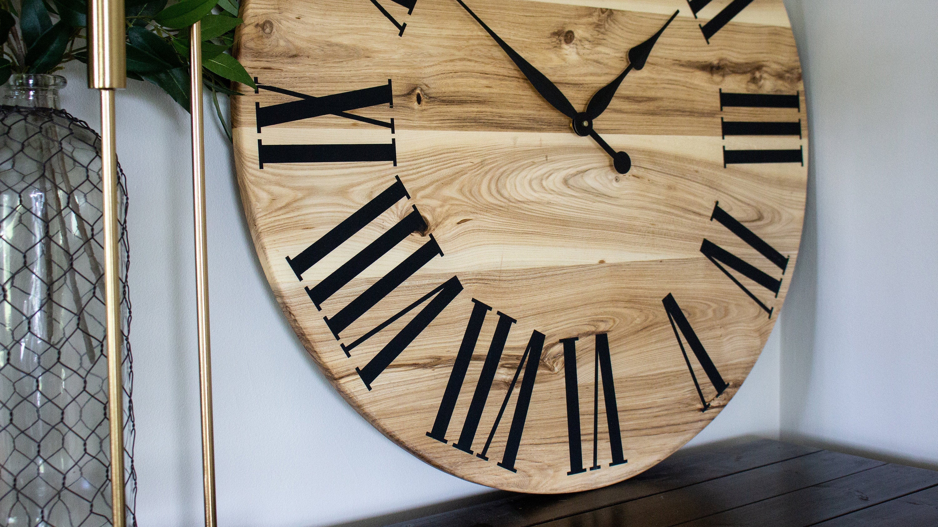 Large Solid Wood Hackberry Wall Clock with Black Roman Numerals