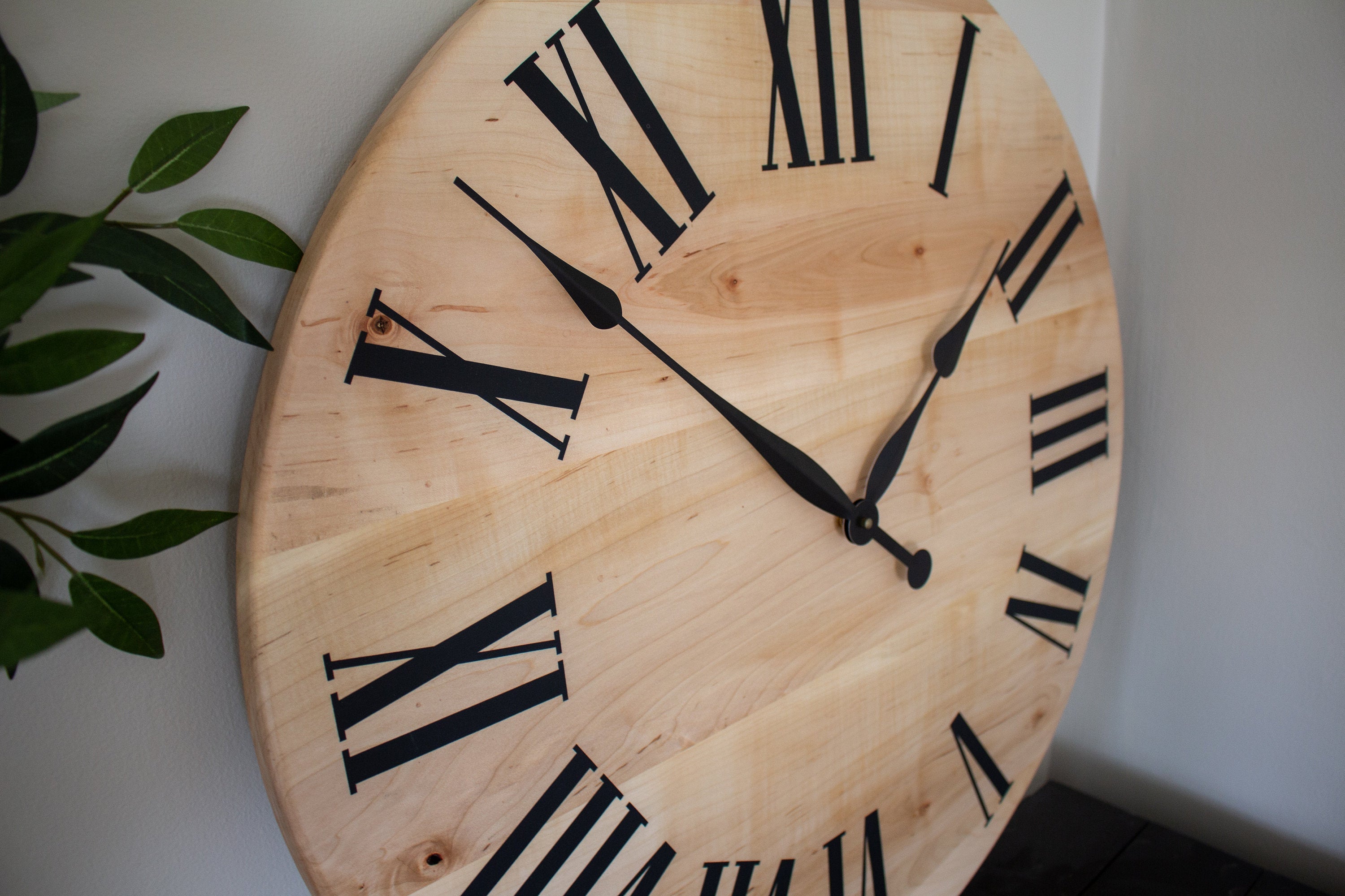 Large Solid Soft Maple Wood Clock with Black Roman Numerals