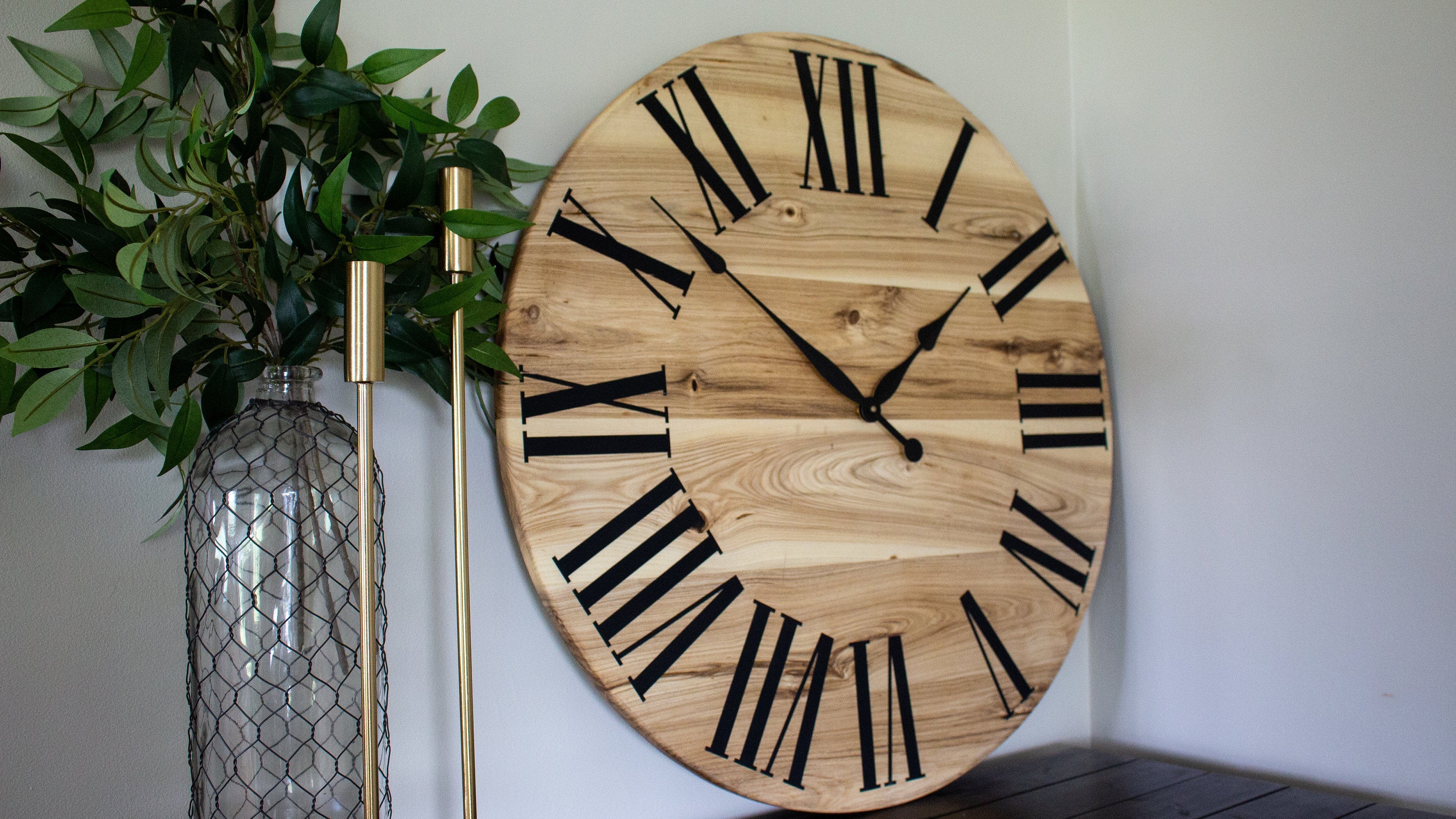 Large Solid Wood Hackberry Wall Clock with Black Roman Numerals