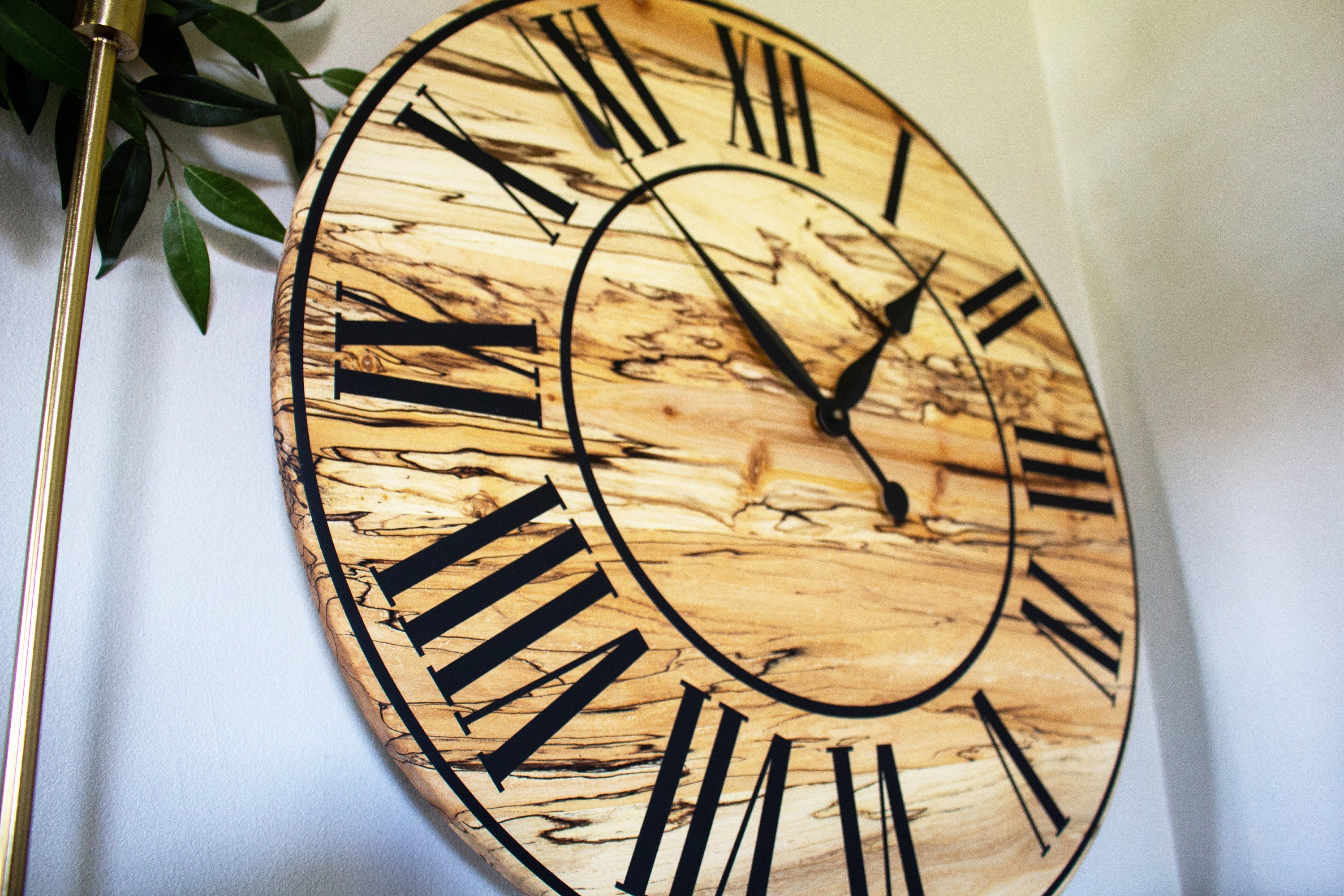 Solid Spalted Maple Wall Clock with Black Lines and Roman Numerals