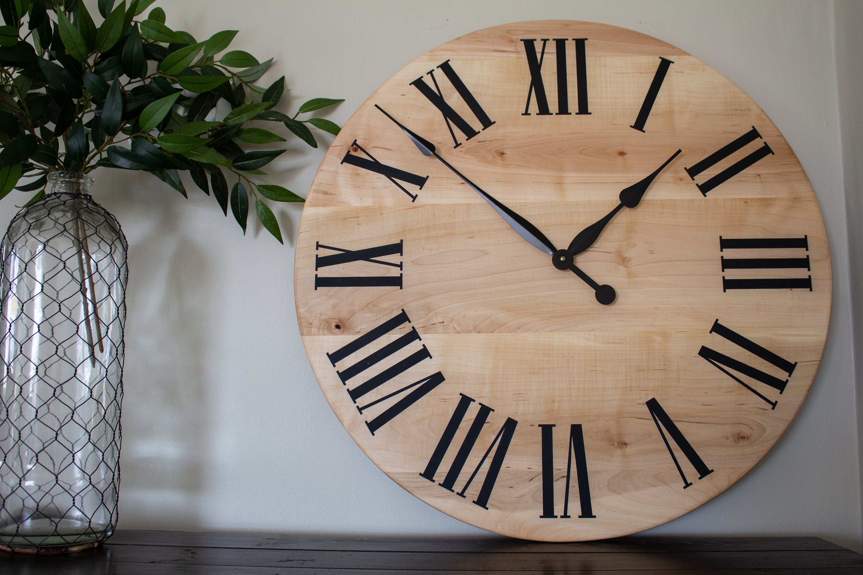 Large Solid Soft Maple Wood Clock with Black Roman Numerals