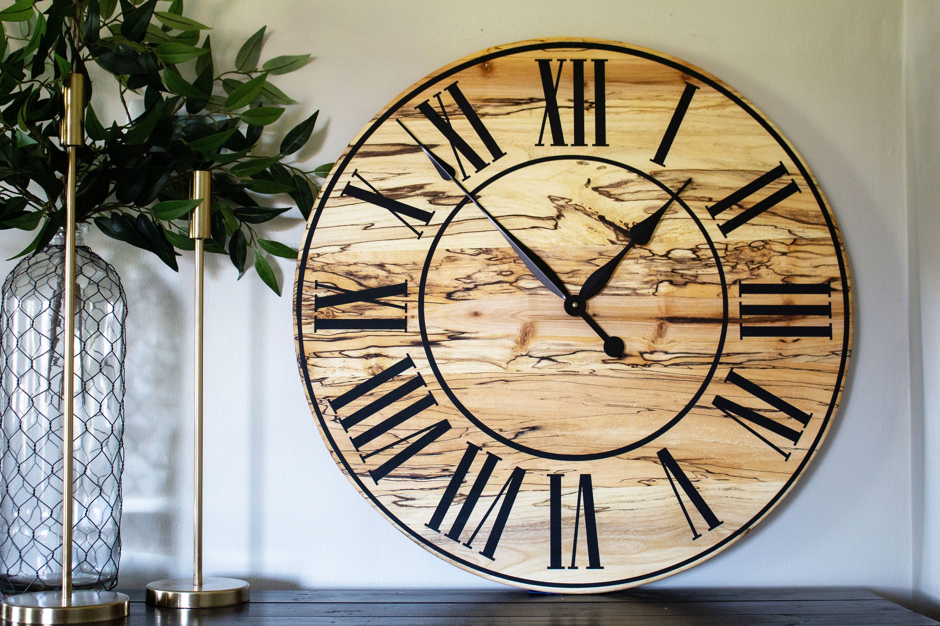 Solid Spalted Maple Wall Clock with Black Lines and Roman Numerals